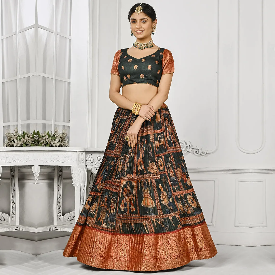 Emarald Green and Red Brocade Lehenga Set with Floral Dupatta