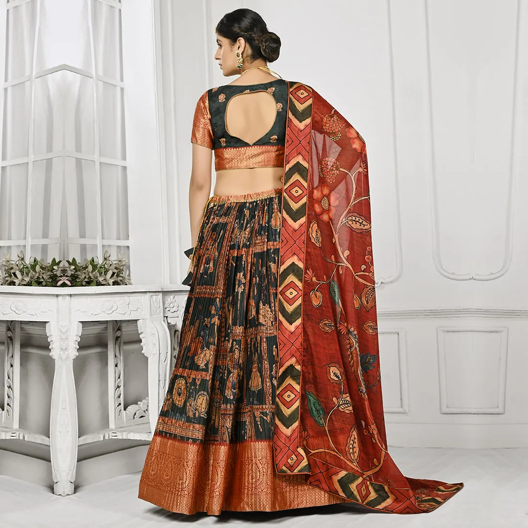 Emarald Green and Red Brocade Lehenga Set with Floral Dupatta