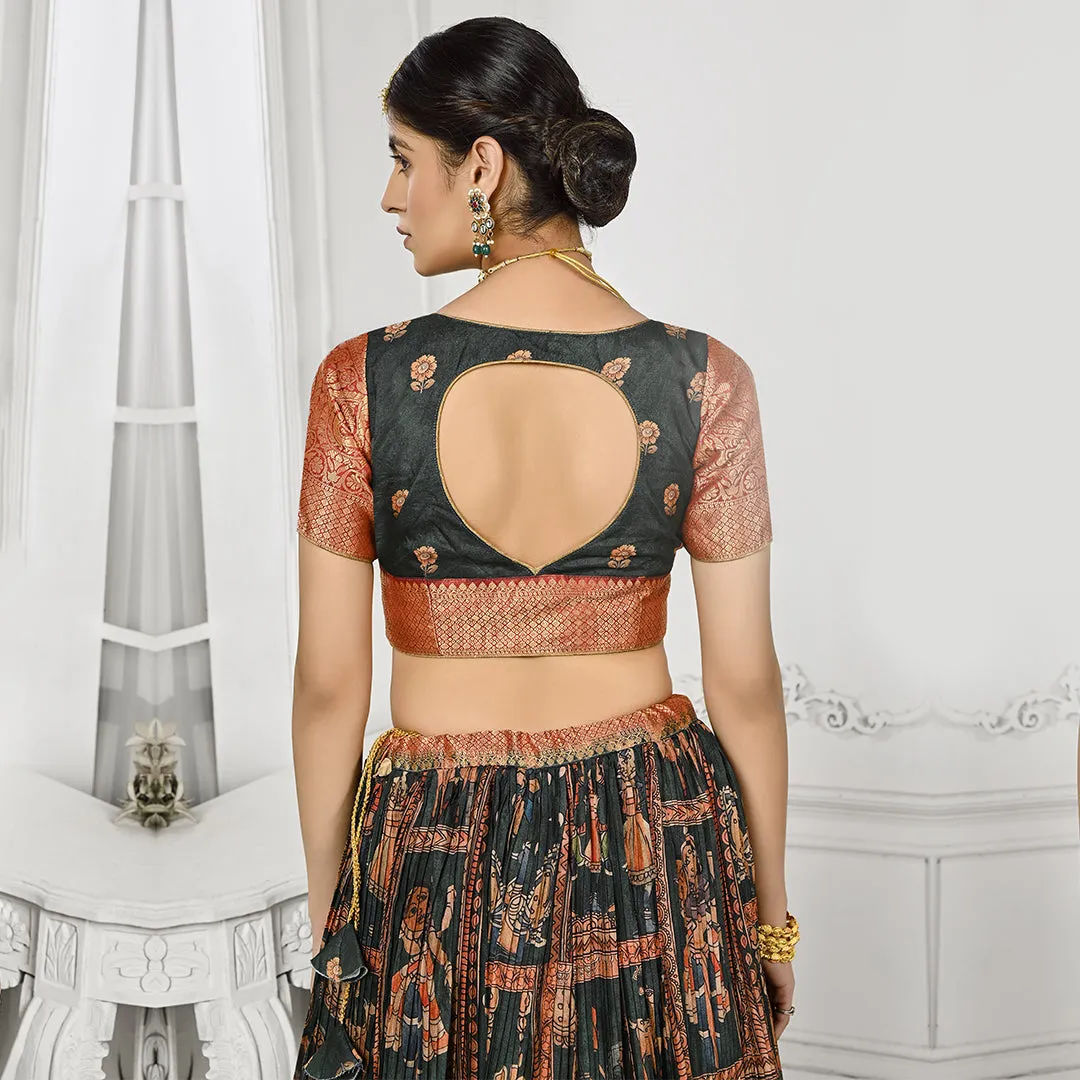 Emarald Green and Red Brocade Lehenga Set with Floral Dupatta
