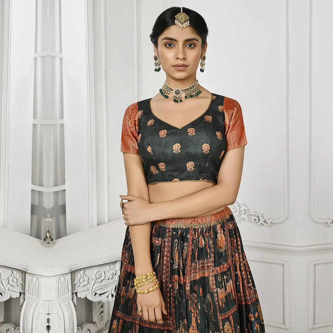 Emarald Green and Red Brocade Lehenga Set with Floral Dupatta