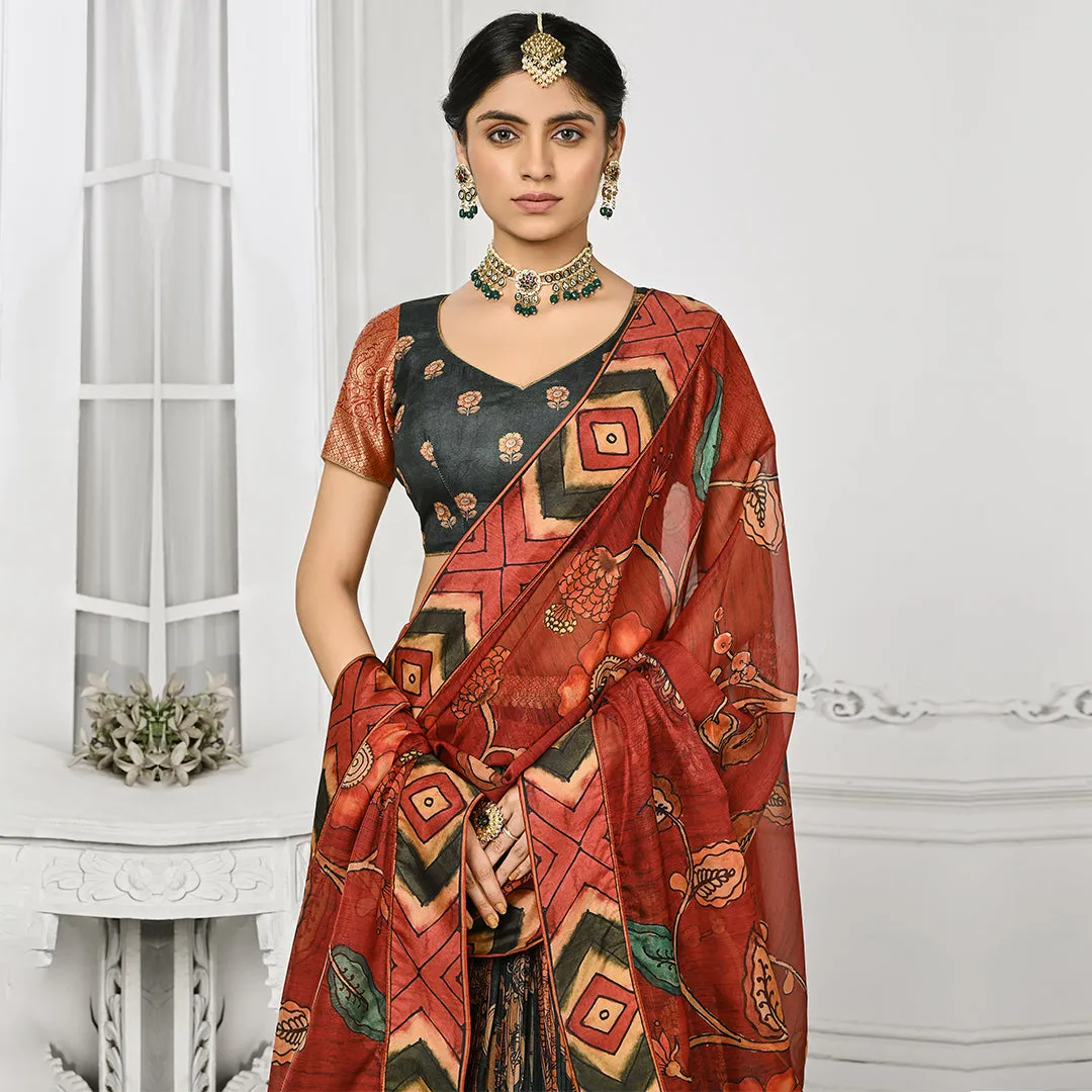 Emarald Green and Red Brocade Lehenga Set with Floral Dupatta