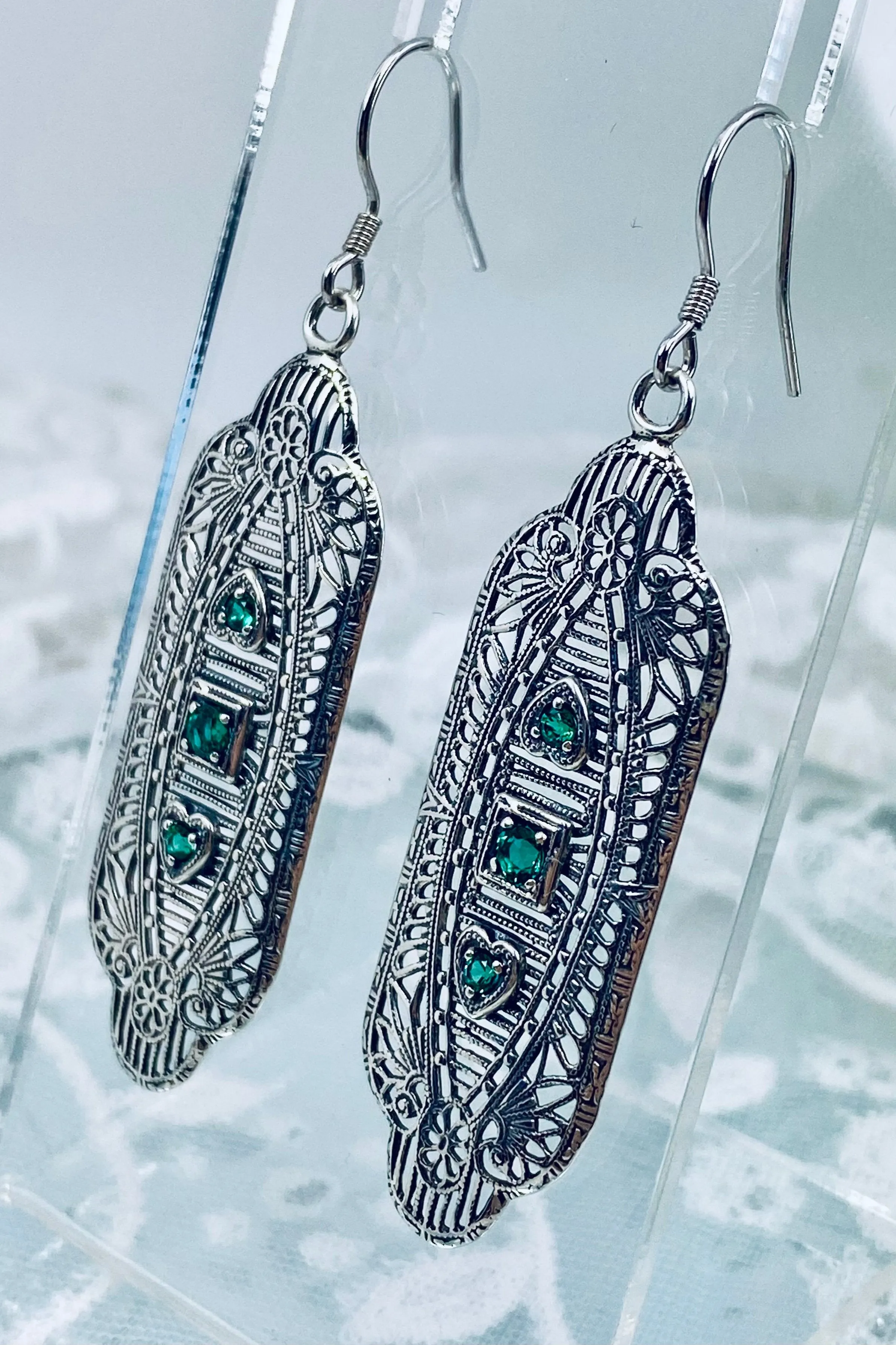Emerald Earrings, Simulated or Natural Gemstones, Angel Wings, Vintage Revival Jewelry #E359