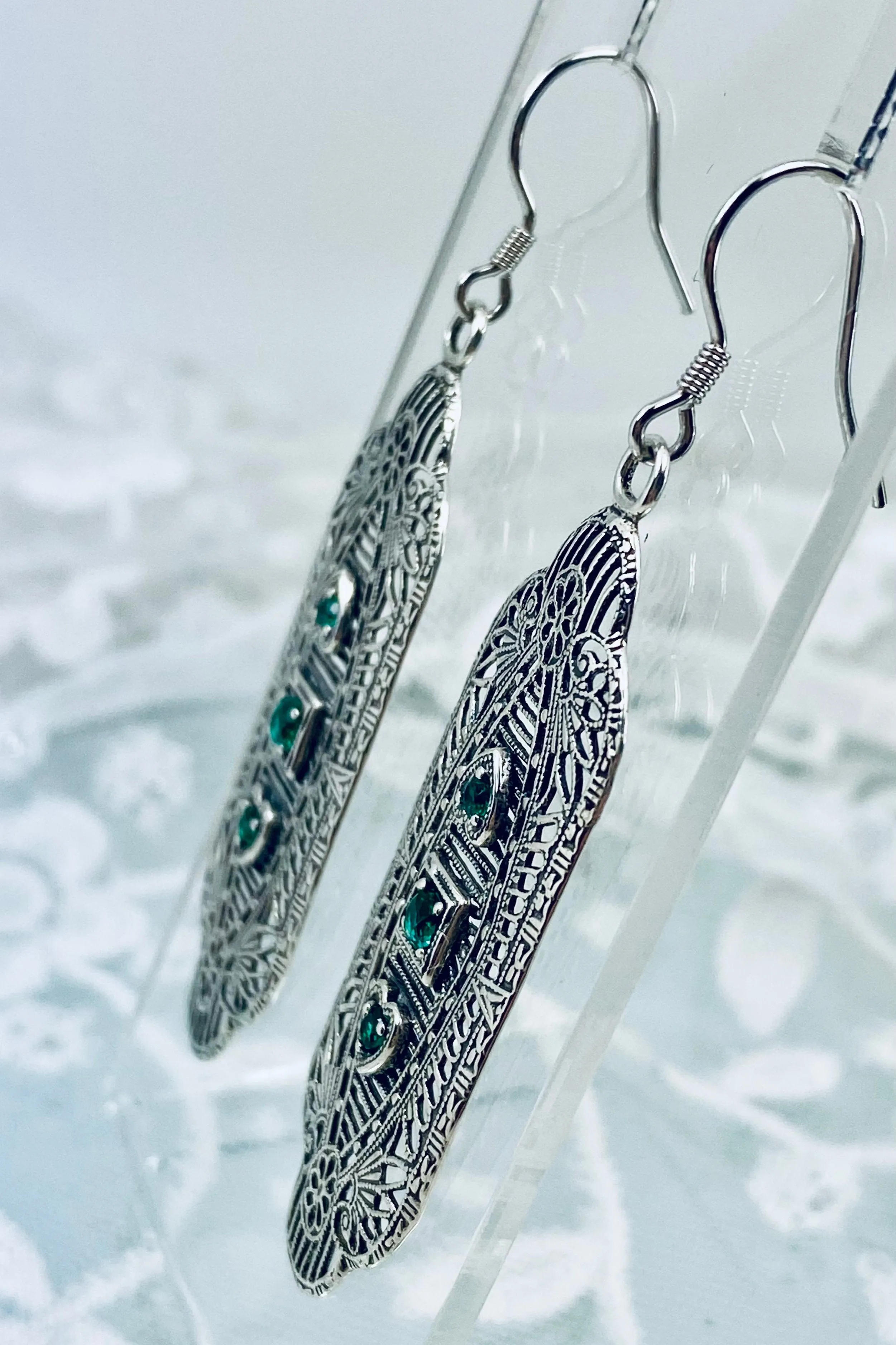 Emerald Earrings, Simulated or Natural Gemstones, Angel Wings, Vintage Revival Jewelry #E359