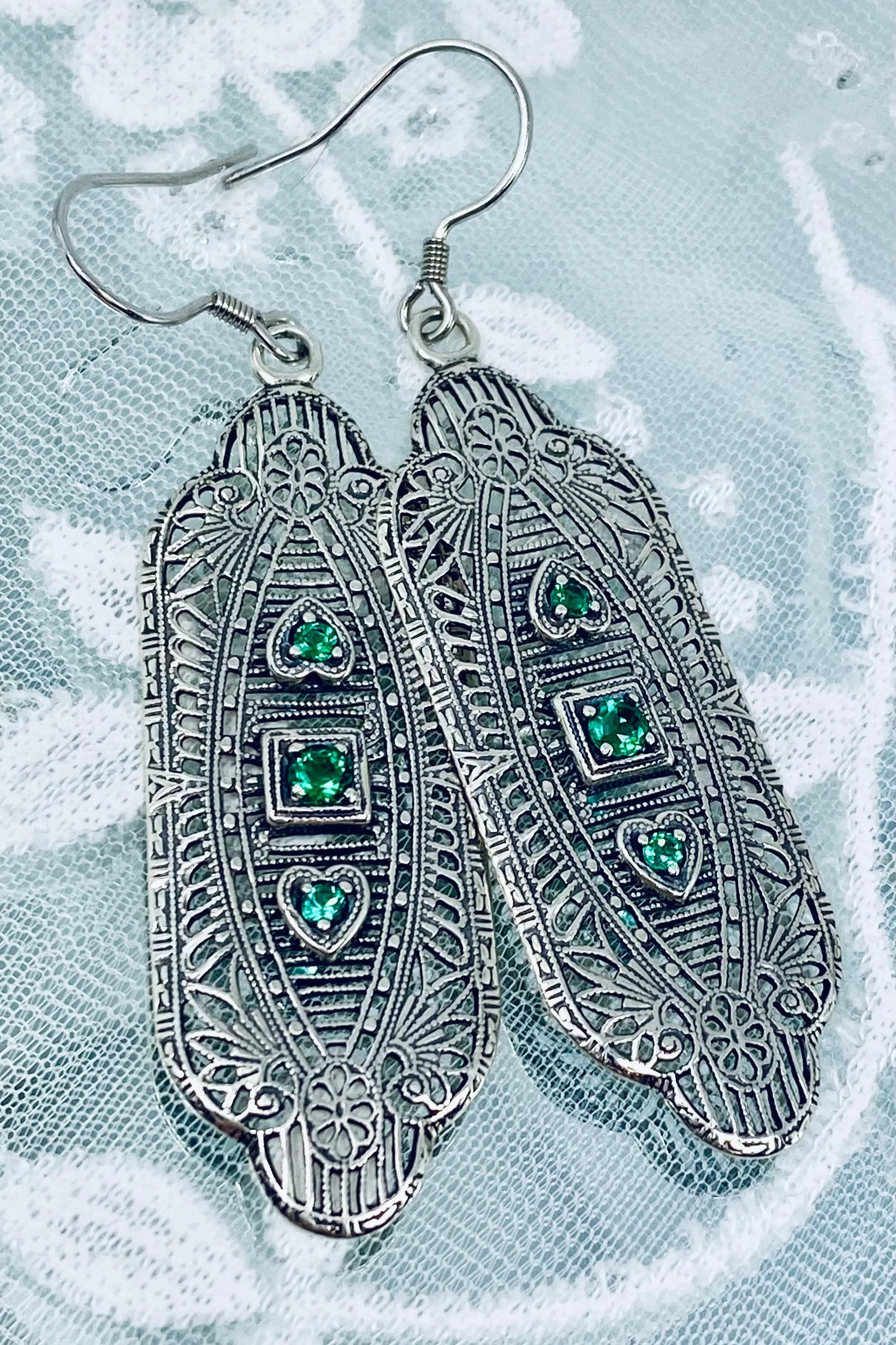Emerald Earrings, Simulated or Natural Gemstones, Angel Wings, Vintage Revival Jewelry #E359