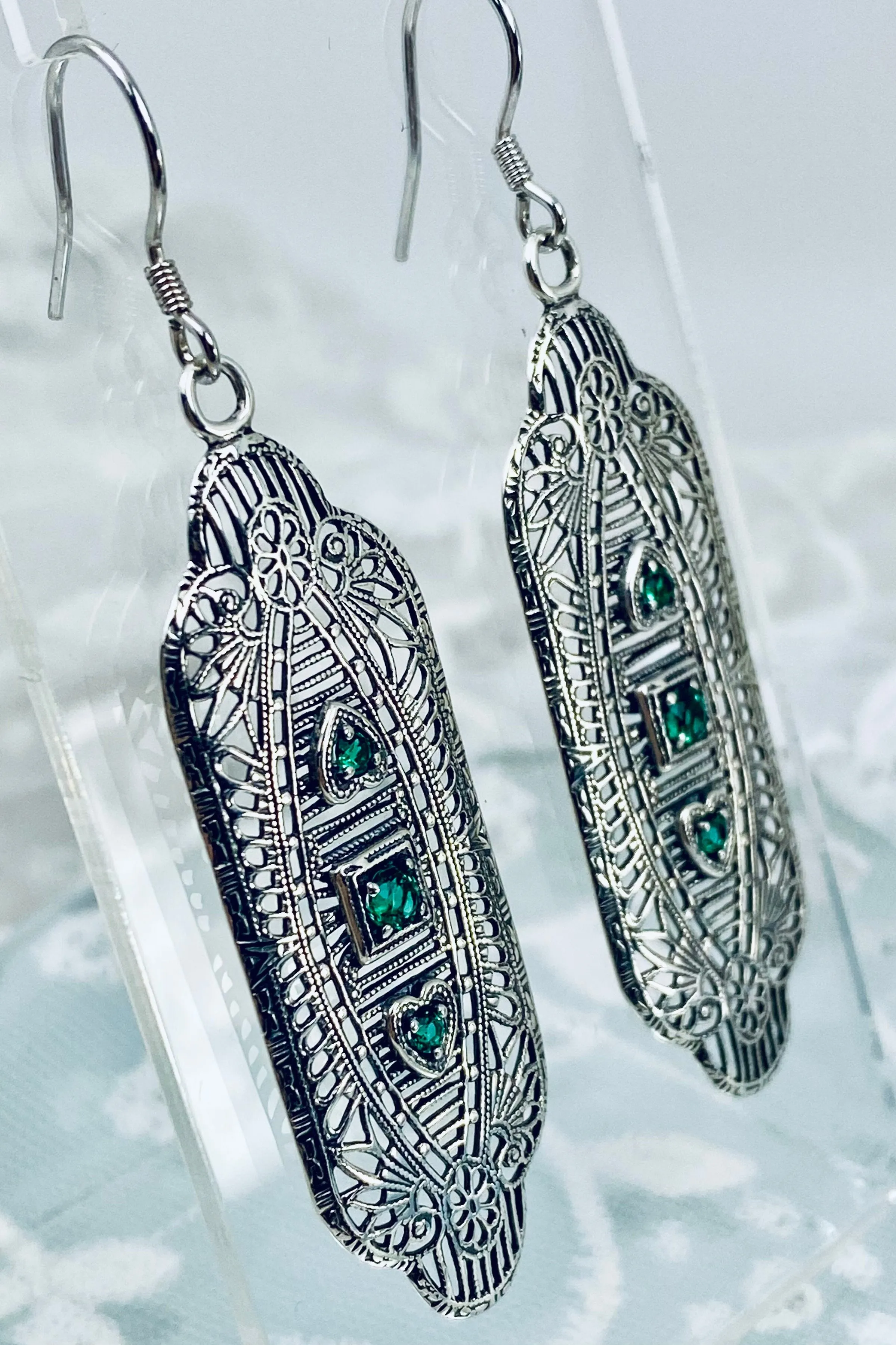 Emerald Earrings, Simulated or Natural Gemstones, Angel Wings, Vintage Revival Jewelry #E359