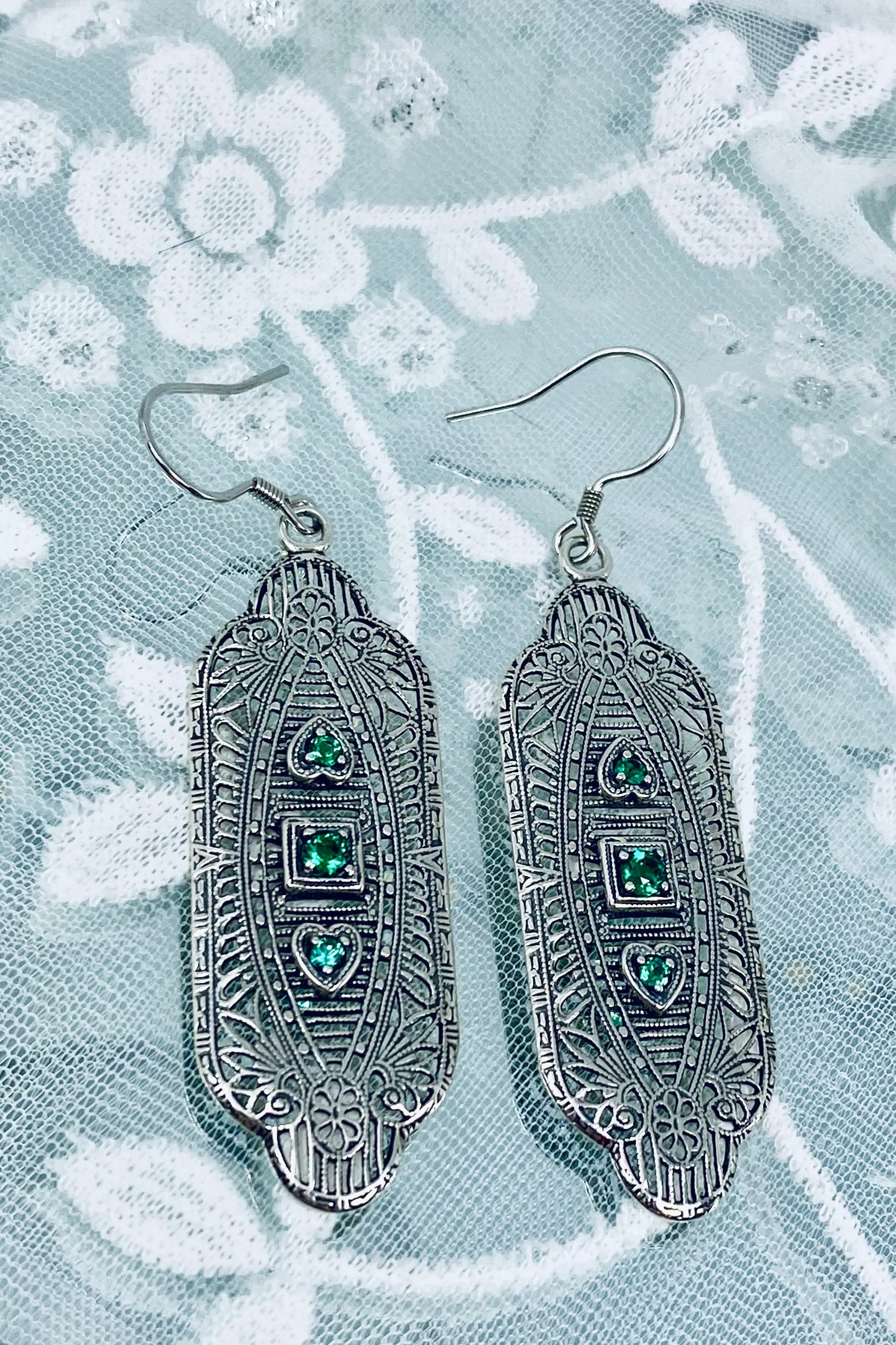Emerald Earrings, Simulated or Natural Gemstones, Angel Wings, Vintage Revival Jewelry #E359