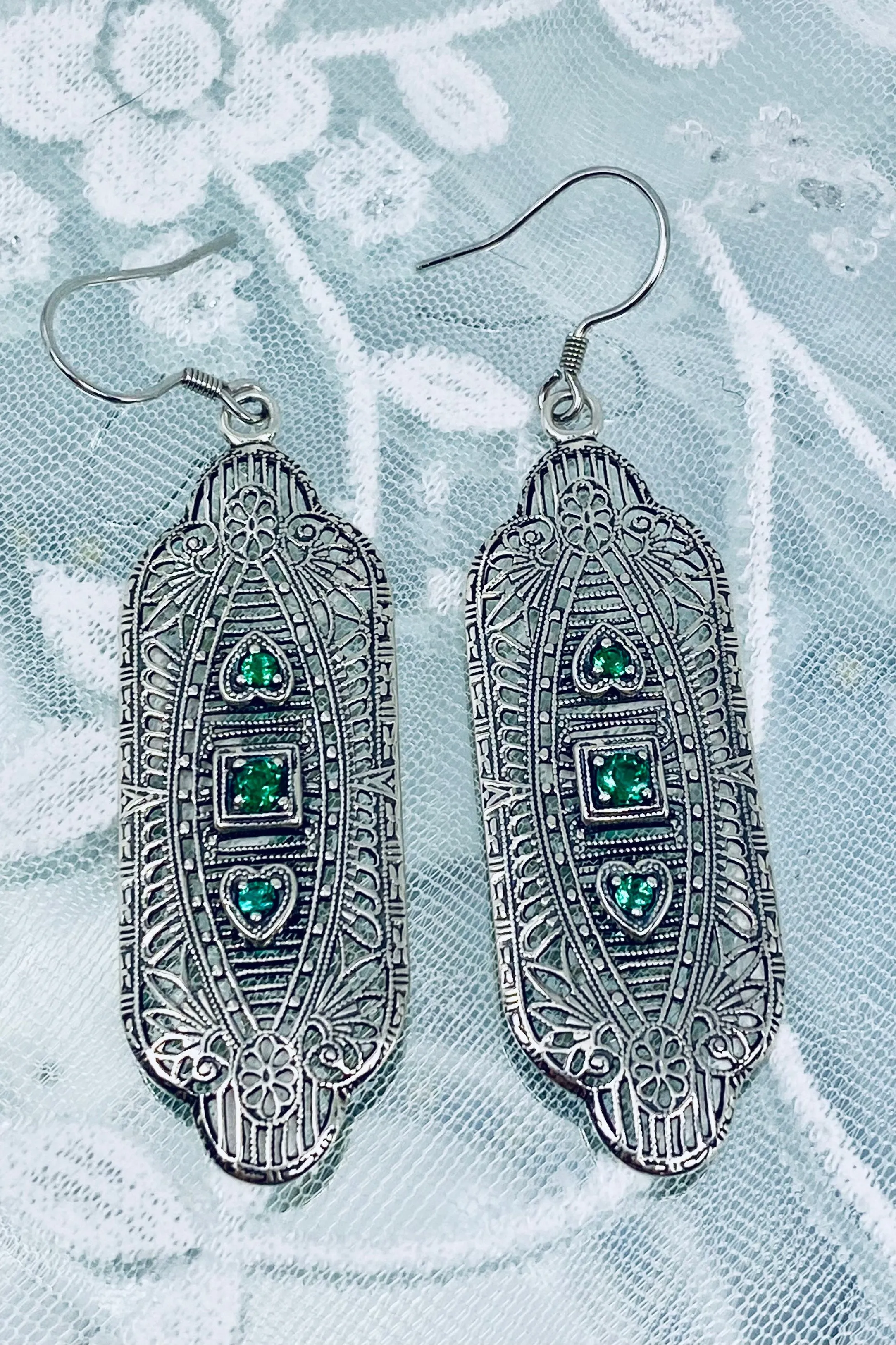 Emerald Earrings, Simulated or Natural Gemstones, Angel Wings, Vintage Revival Jewelry #E359
