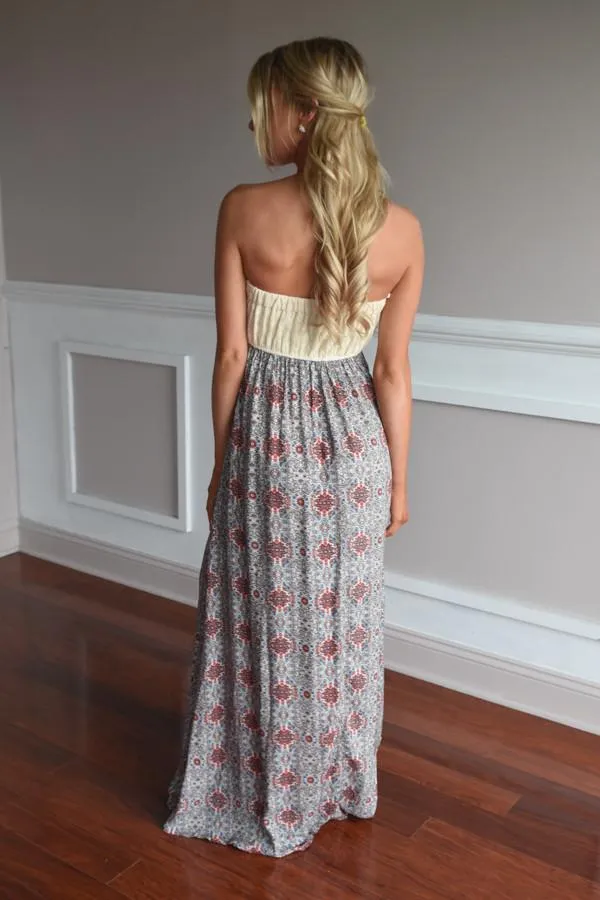 Ethnic Print Strapless Maxi Dress