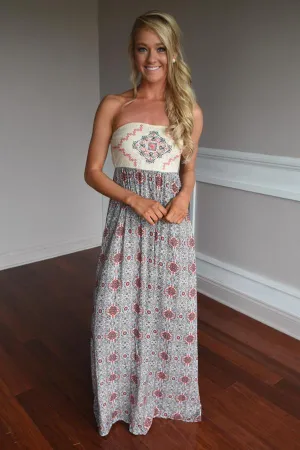 Ethnic Print Strapless Maxi Dress