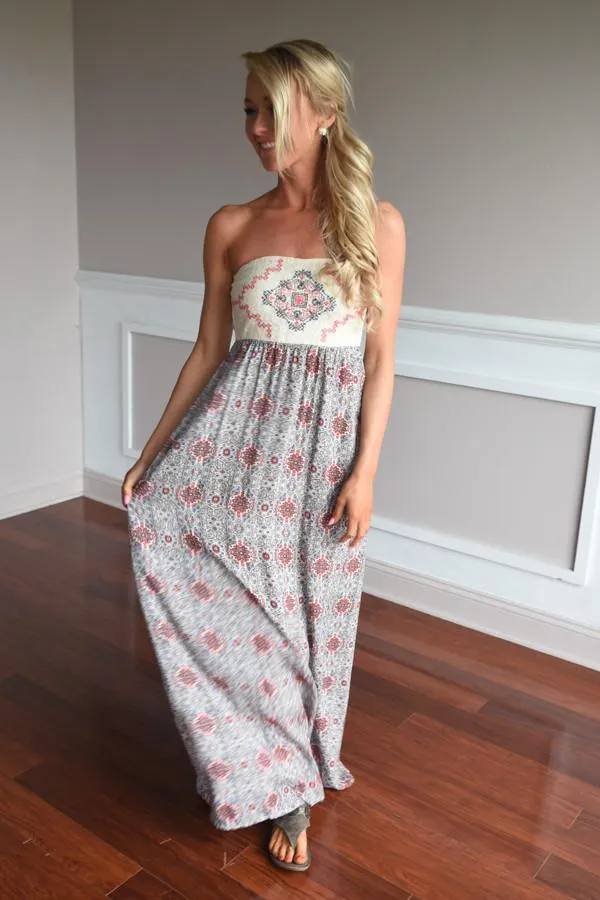 Ethnic Print Strapless Maxi Dress