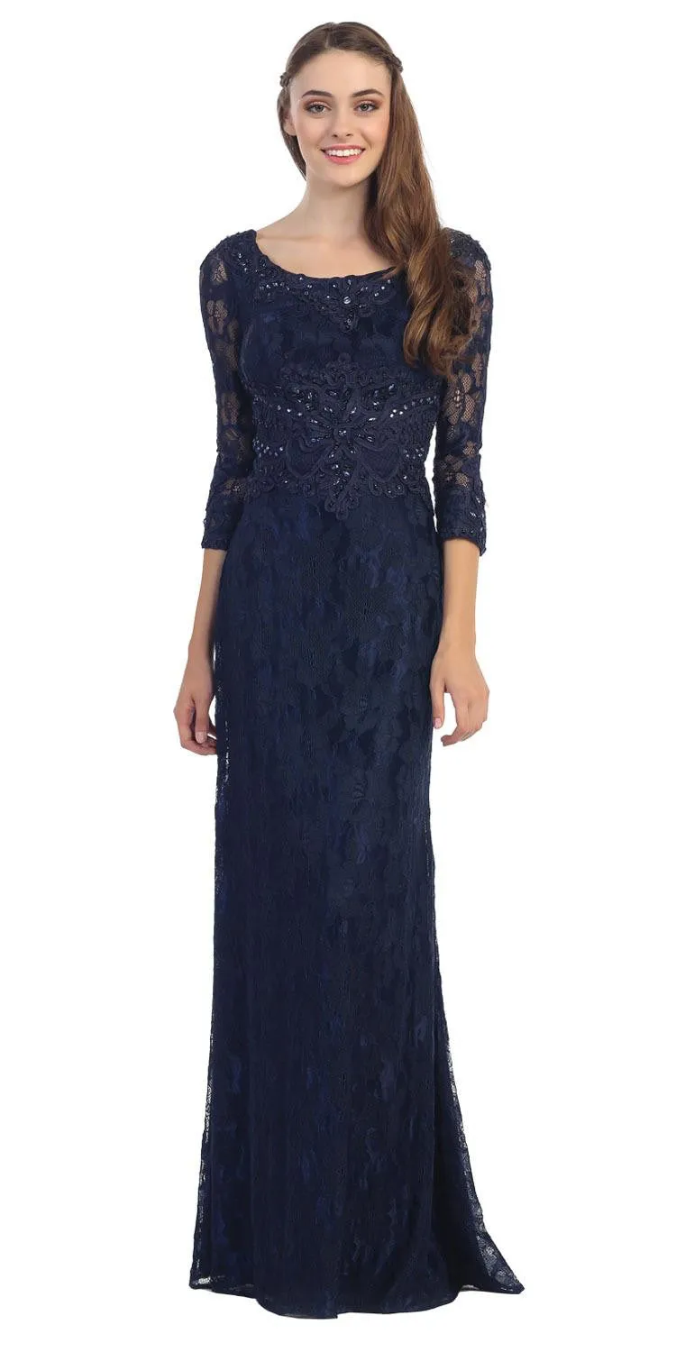 Eureka 3935 Lace Beaded Long Dress Mid Length Sleeve