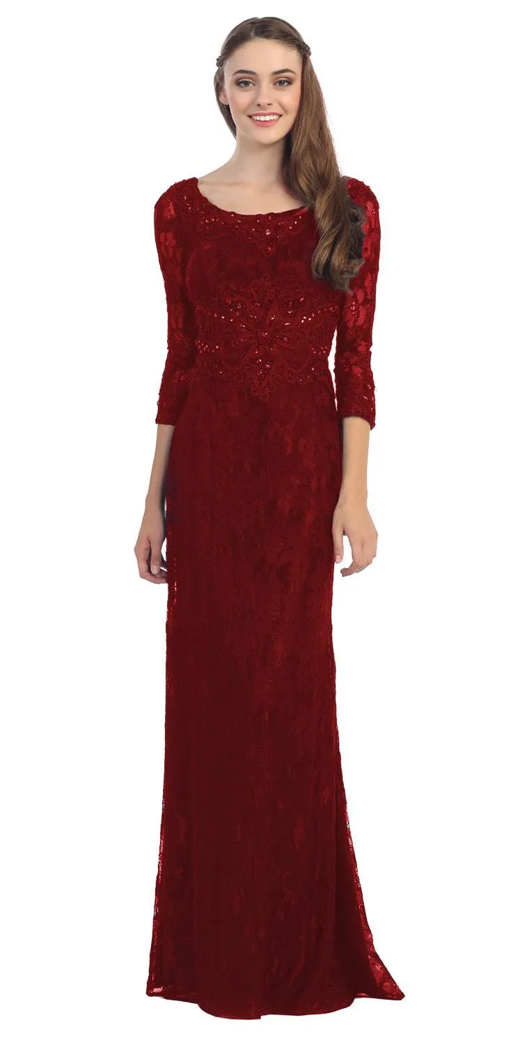 Eureka 3935 Lace Beaded Long Dress Mid Length Sleeve