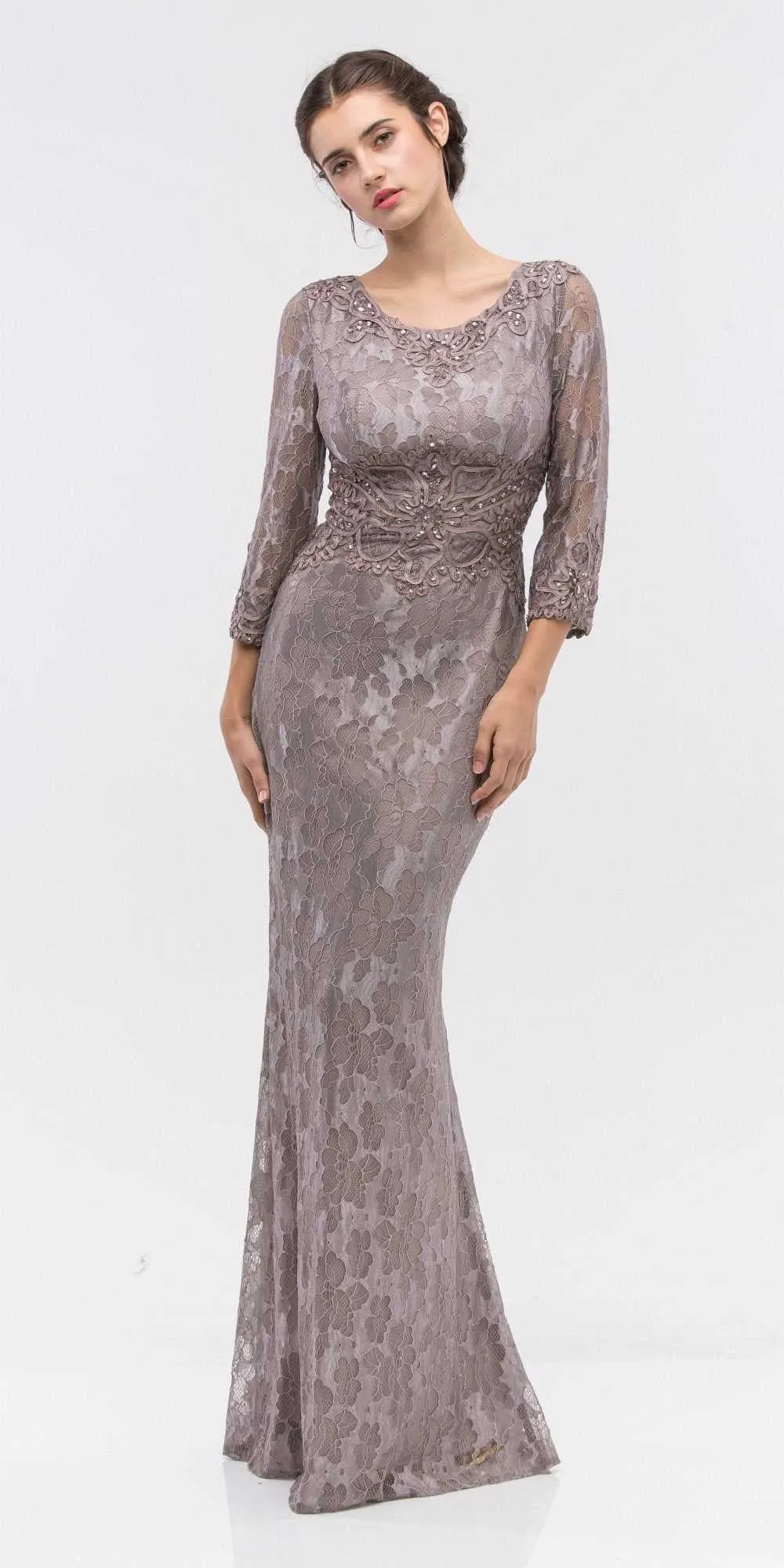 Eureka 3935 Lace Beaded Long Dress Mid Length Sleeve