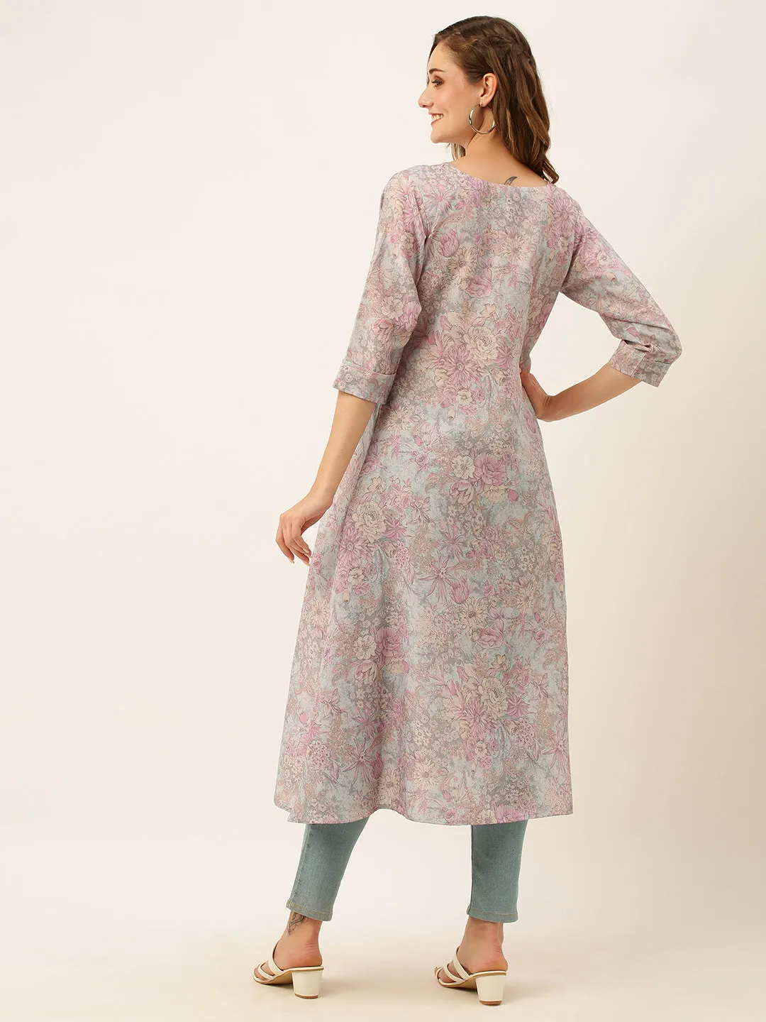 Exclusive Round Neck Linen All Over Floral Print Grey A-Line Kurta For Women - ZOLA