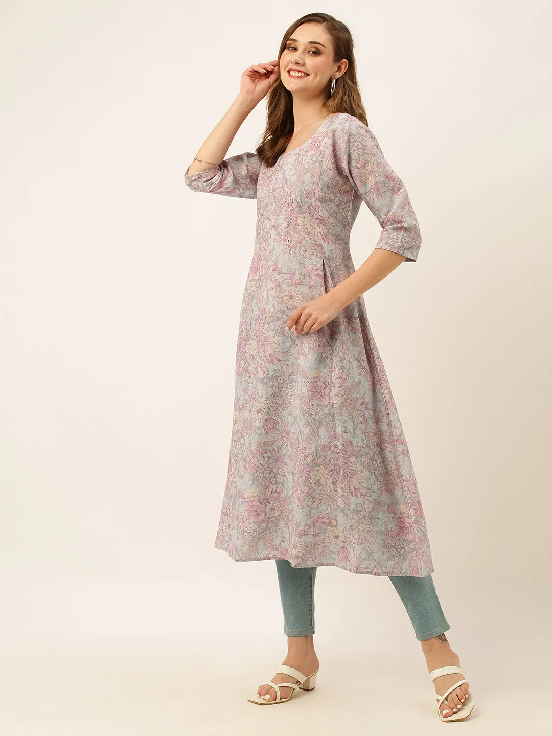 Exclusive Round Neck Linen All Over Floral Print Grey A-Line Kurta For Women - ZOLA