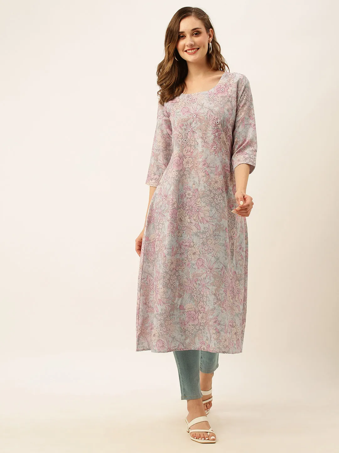Exclusive Round Neck Linen All Over Floral Print Grey A-Line Kurta For Women - ZOLA