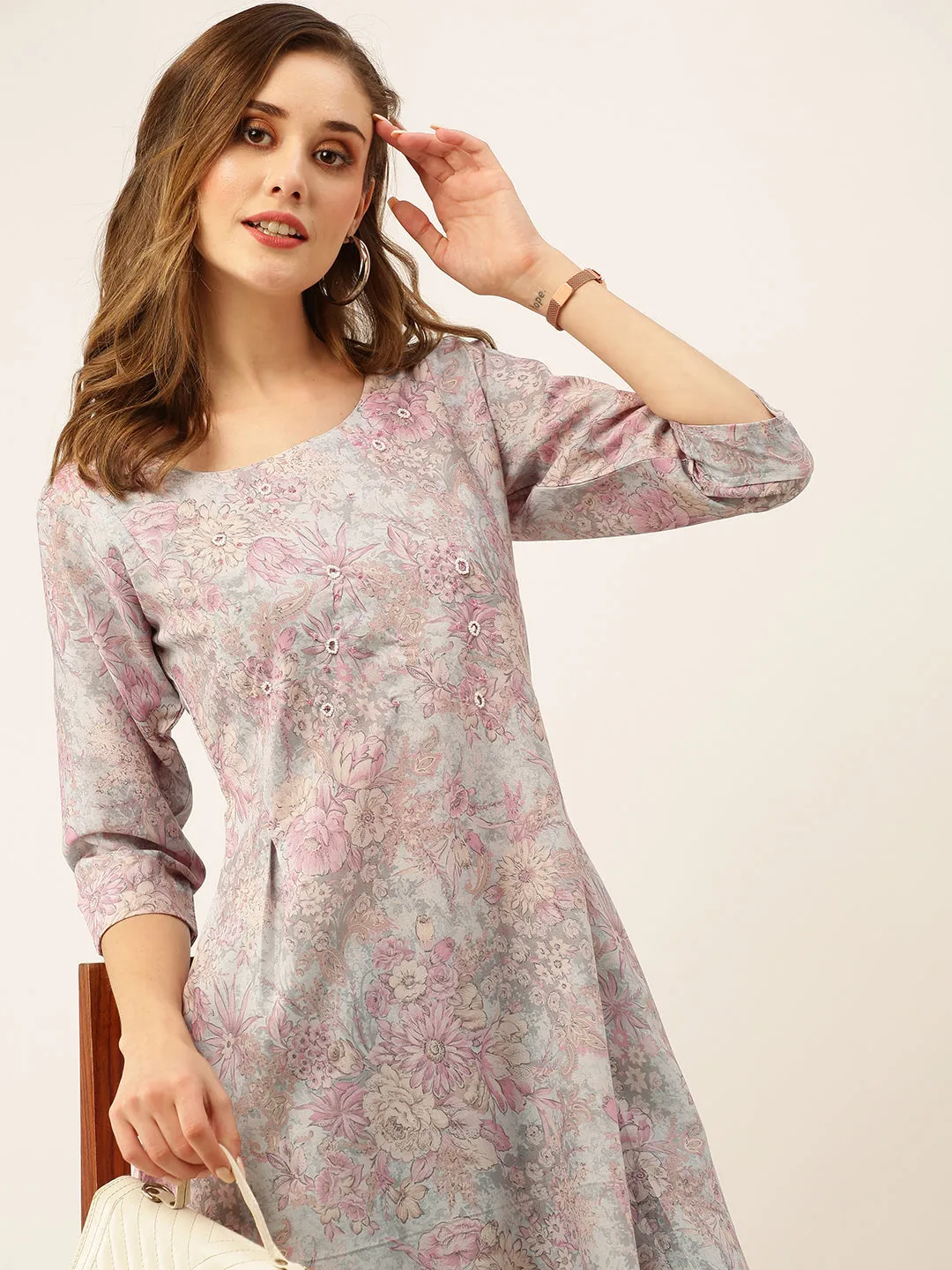 Exclusive Round Neck Linen All Over Floral Print Grey A-Line Kurta For Women - ZOLA