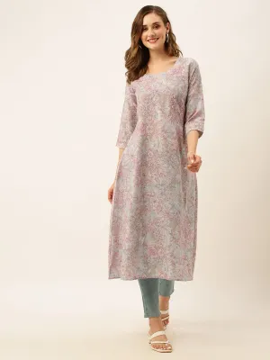 Exclusive Round Neck Linen All Over Floral Print Grey A-Line Kurta For Women - ZOLA