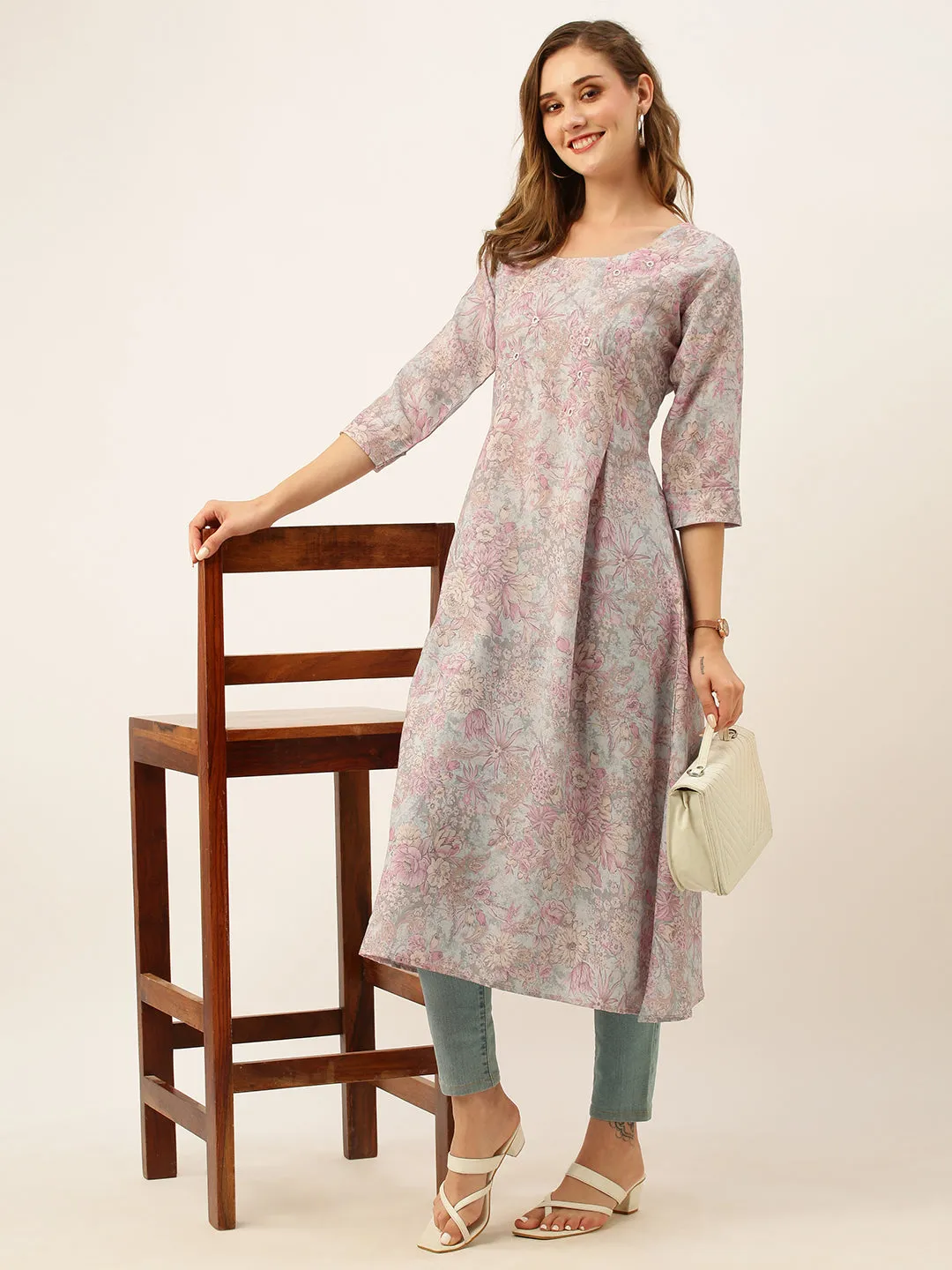 Exclusive Round Neck Linen All Over Floral Print Grey A-Line Kurta For Women - ZOLA