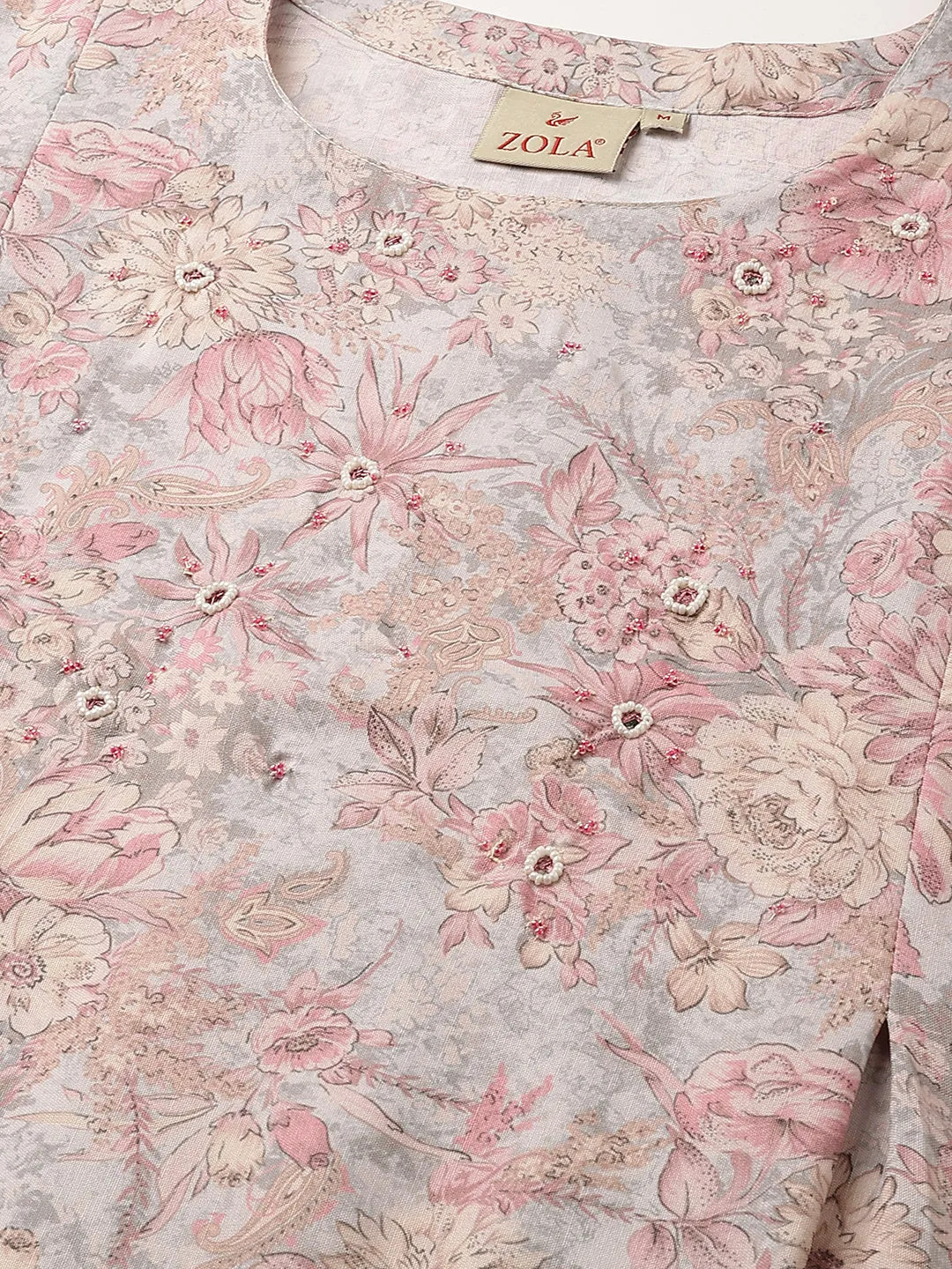 Exclusive Round Neck Linen All Over Floral Print Grey A-Line Kurta For Women - ZOLA