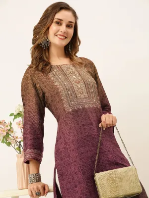 Exclusive Round Neck Silk All Over Ethnic Stripe Print Purple Straight Kurta For Women - ZOLA