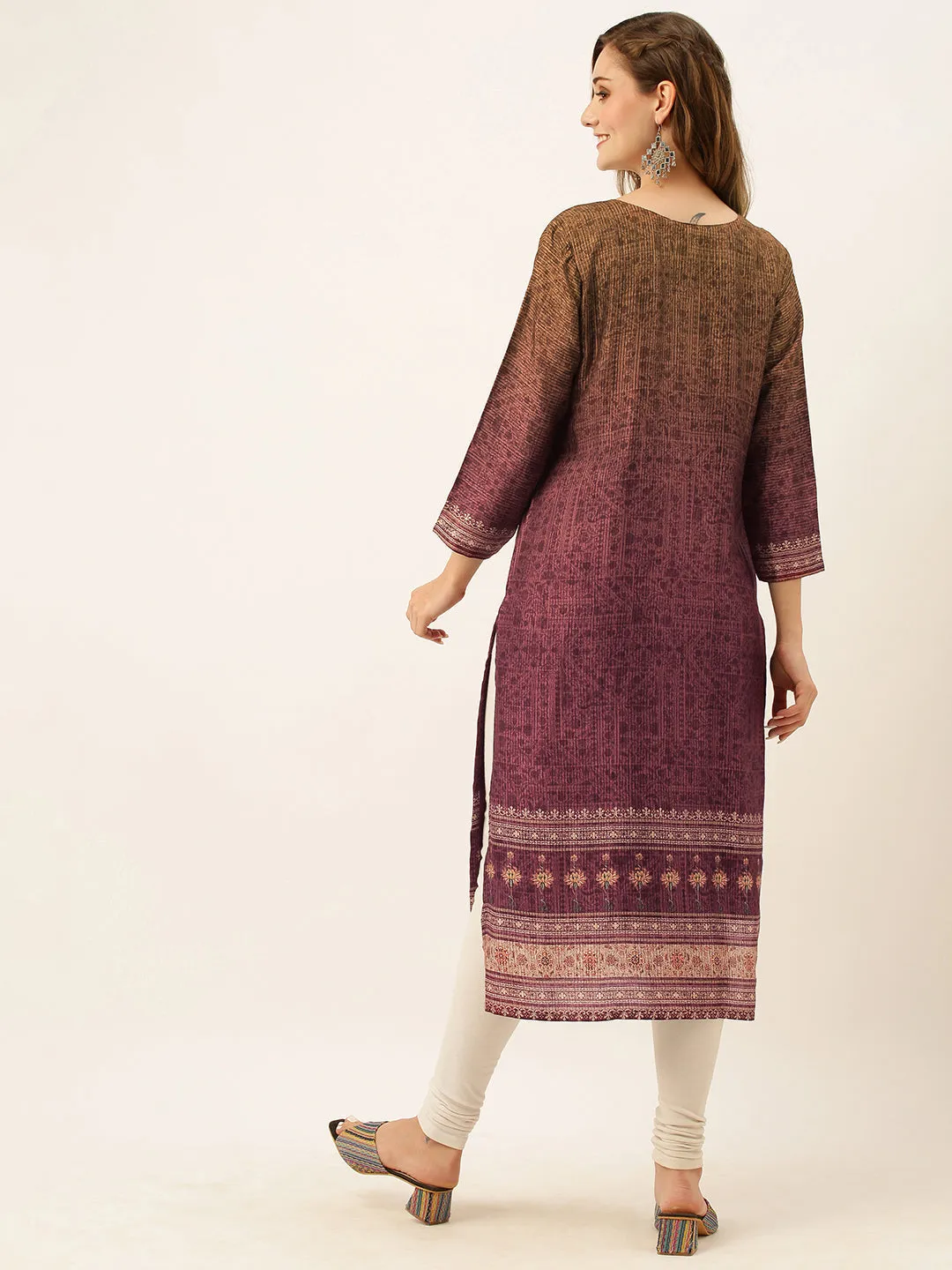 Exclusive Round Neck Silk All Over Ethnic Stripe Print Purple Straight Kurta For Women - ZOLA