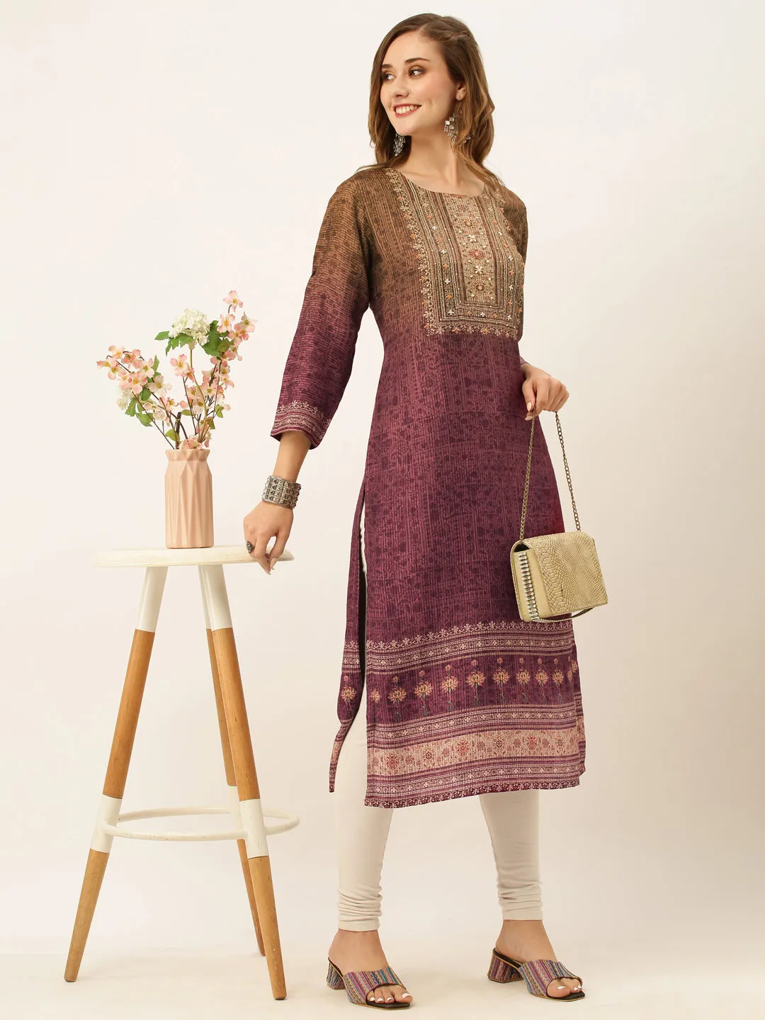 Exclusive Round Neck Silk All Over Ethnic Stripe Print Purple Straight Kurta For Women - ZOLA