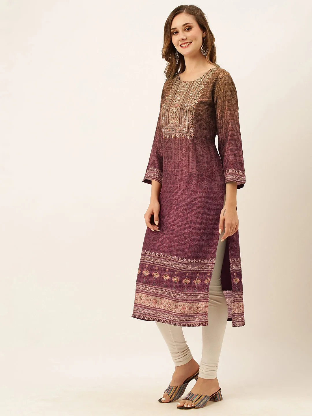 Exclusive Round Neck Silk All Over Ethnic Stripe Print Purple Straight Kurta For Women - ZOLA
