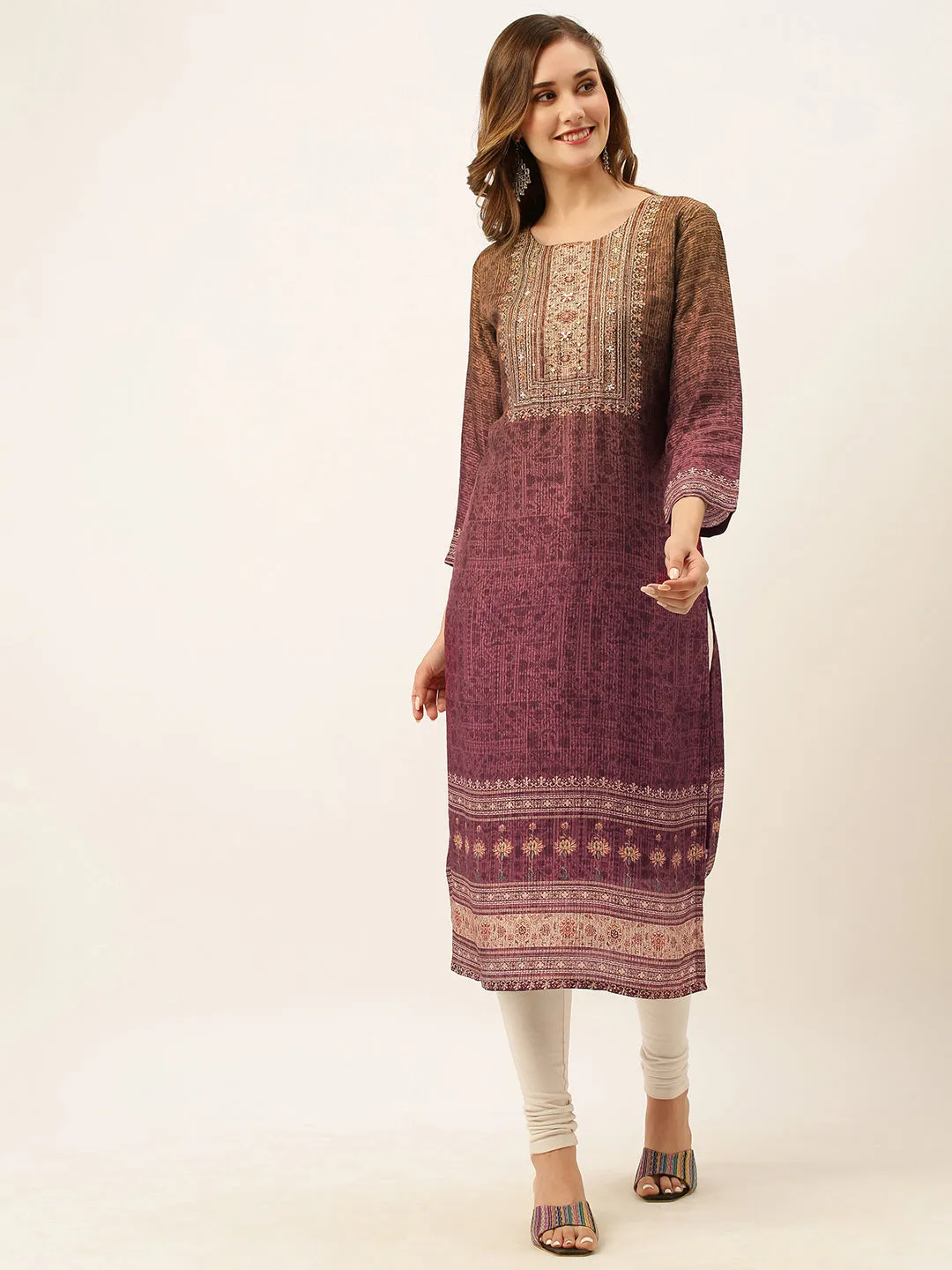 Exclusive Round Neck Silk All Over Ethnic Stripe Print Purple Straight Kurta For Women - ZOLA