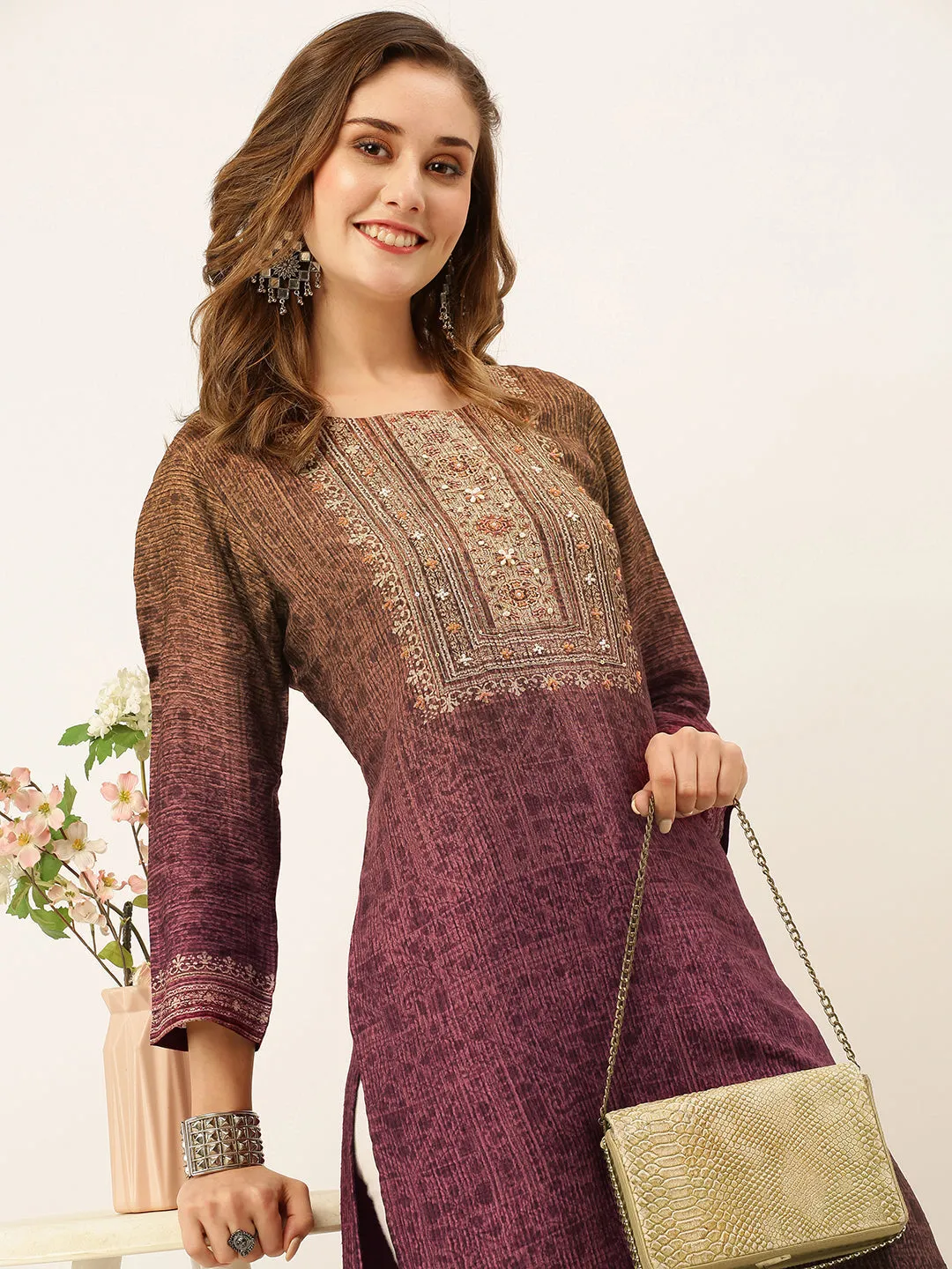 Exclusive Round Neck Silk All Over Ethnic Stripe Print Purple Straight Kurta For Women - ZOLA