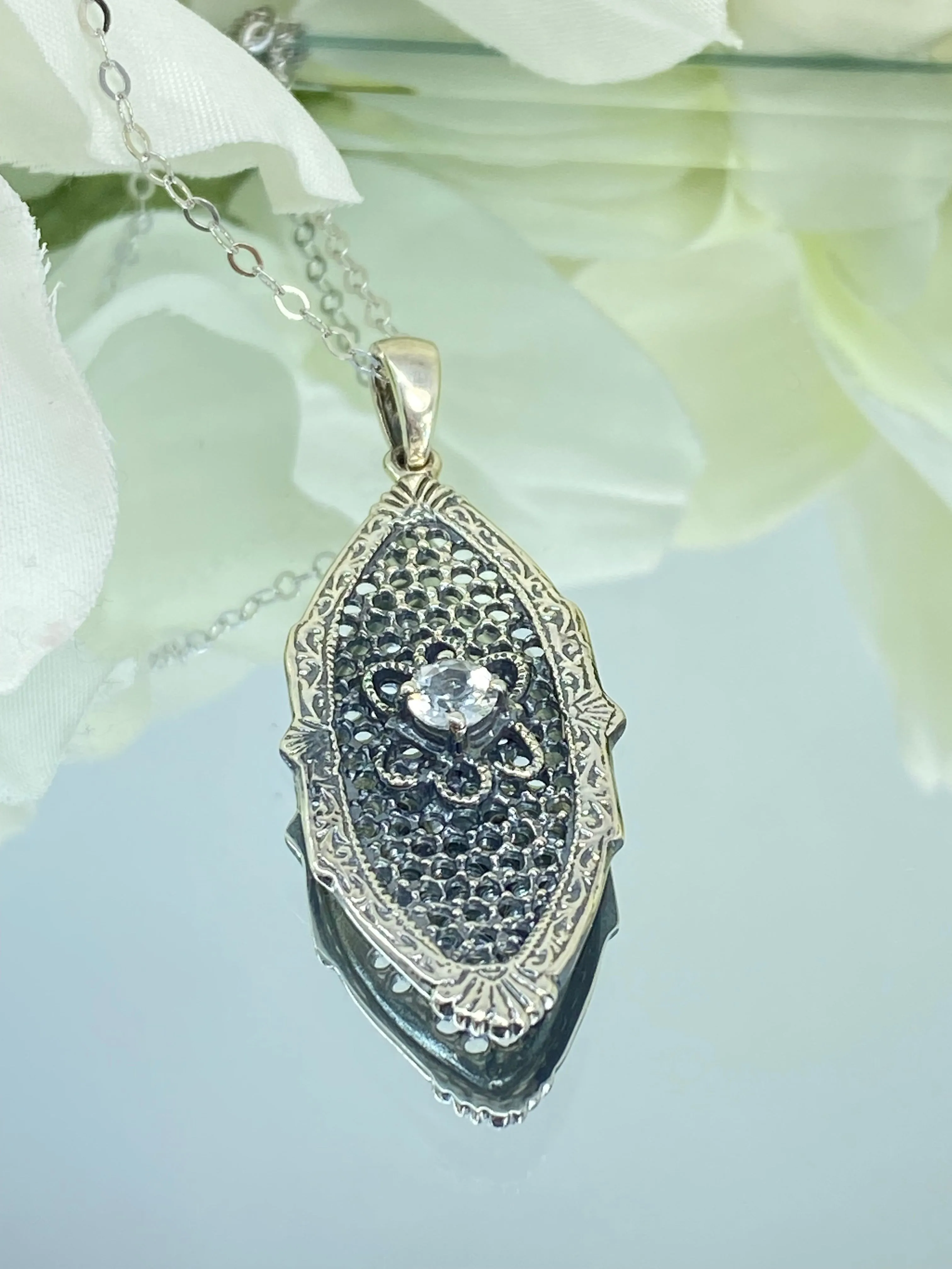 Faux Diamond Flower Star Pendant, Natural White Topaz, Vintage Necklace, Design#P20 - Ready to Ship