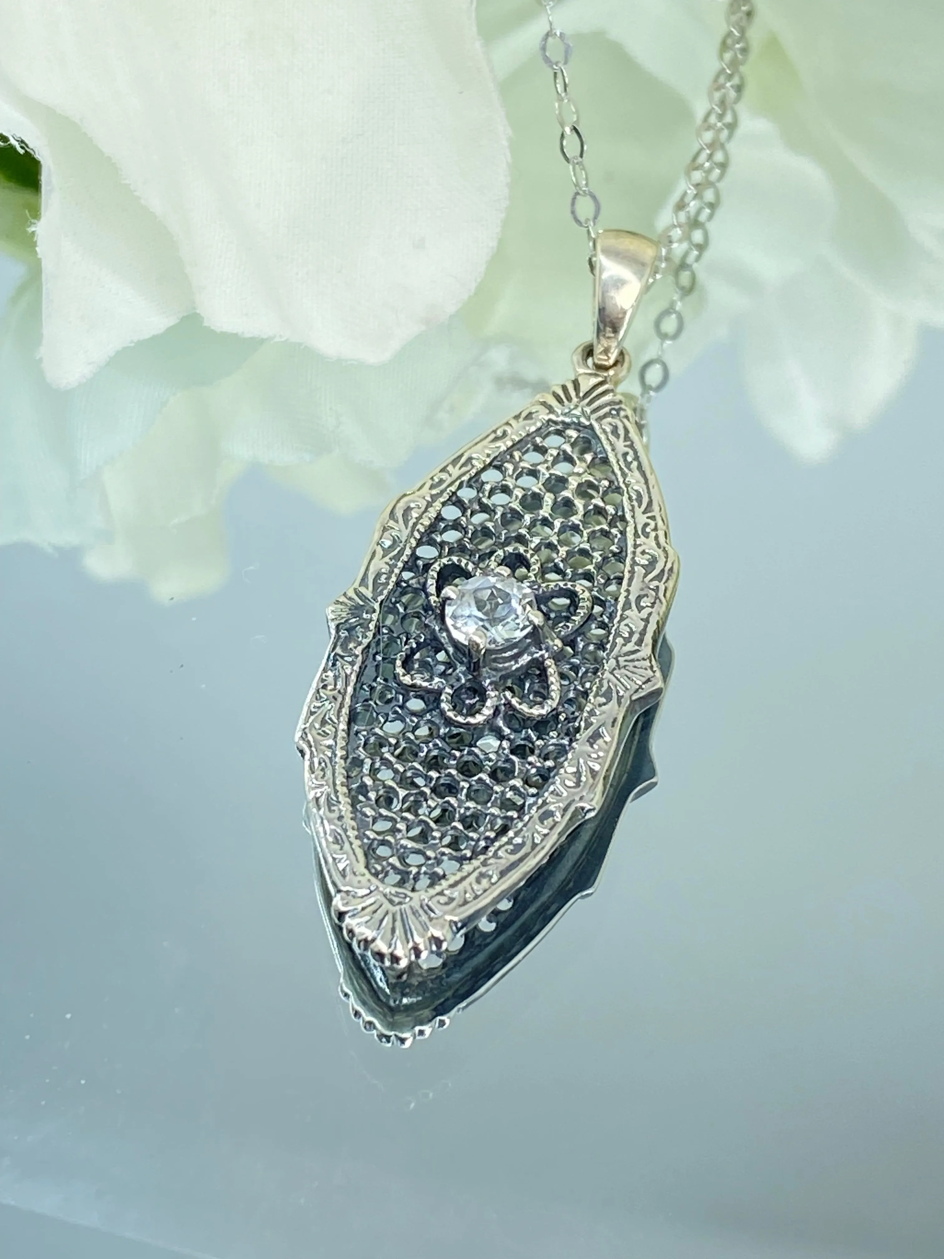 Faux Diamond Flower Star Pendant, Natural White Topaz, Vintage Necklace, Design#P20 - Ready to Ship