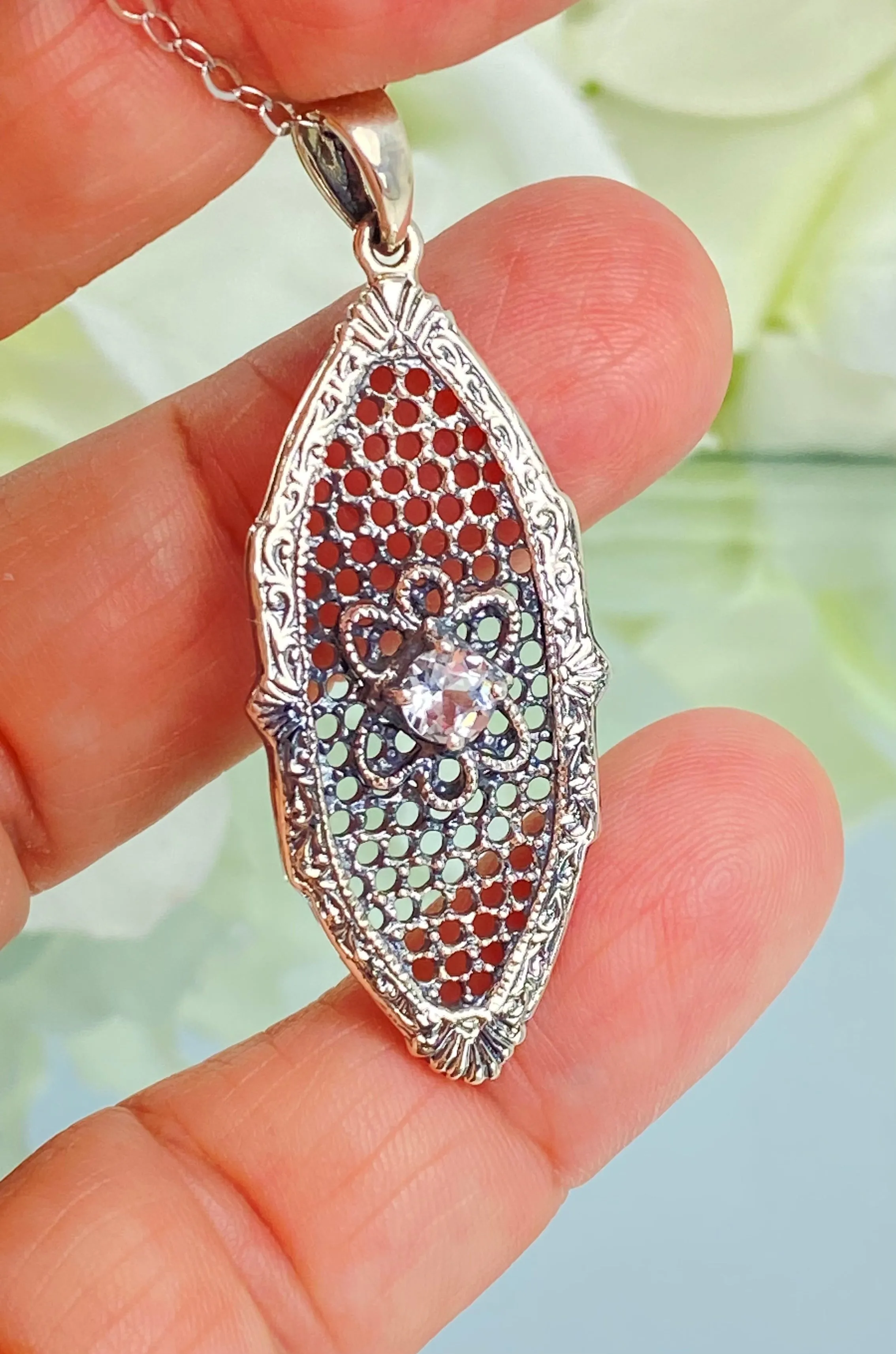 Faux Diamond Flower Star Pendant, Natural White Topaz, Vintage Necklace, Design#P20 - Ready to Ship
