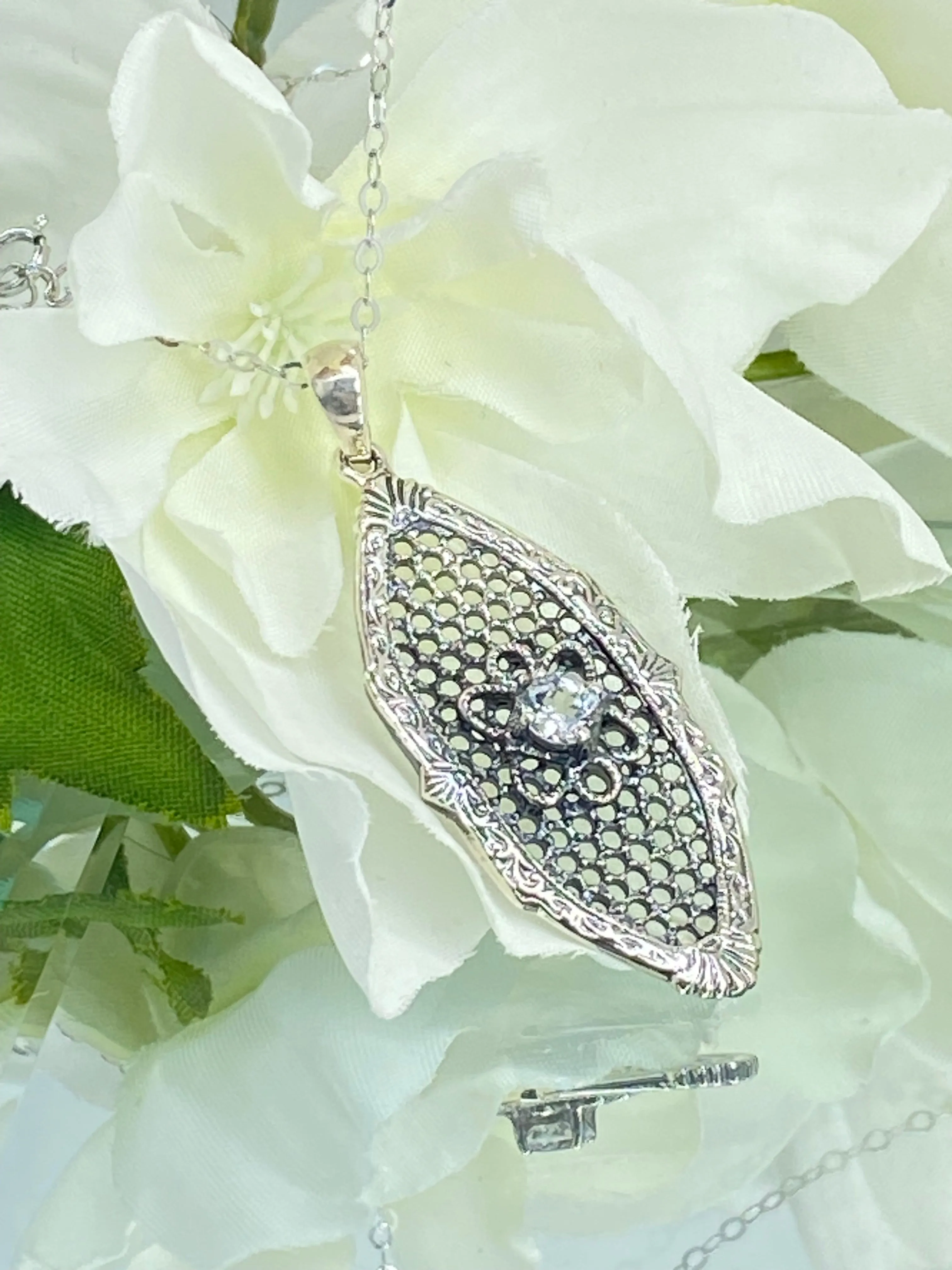 Faux Diamond Flower Star Pendant, Natural White Topaz, Vintage Necklace, Design#P20 - Ready to Ship