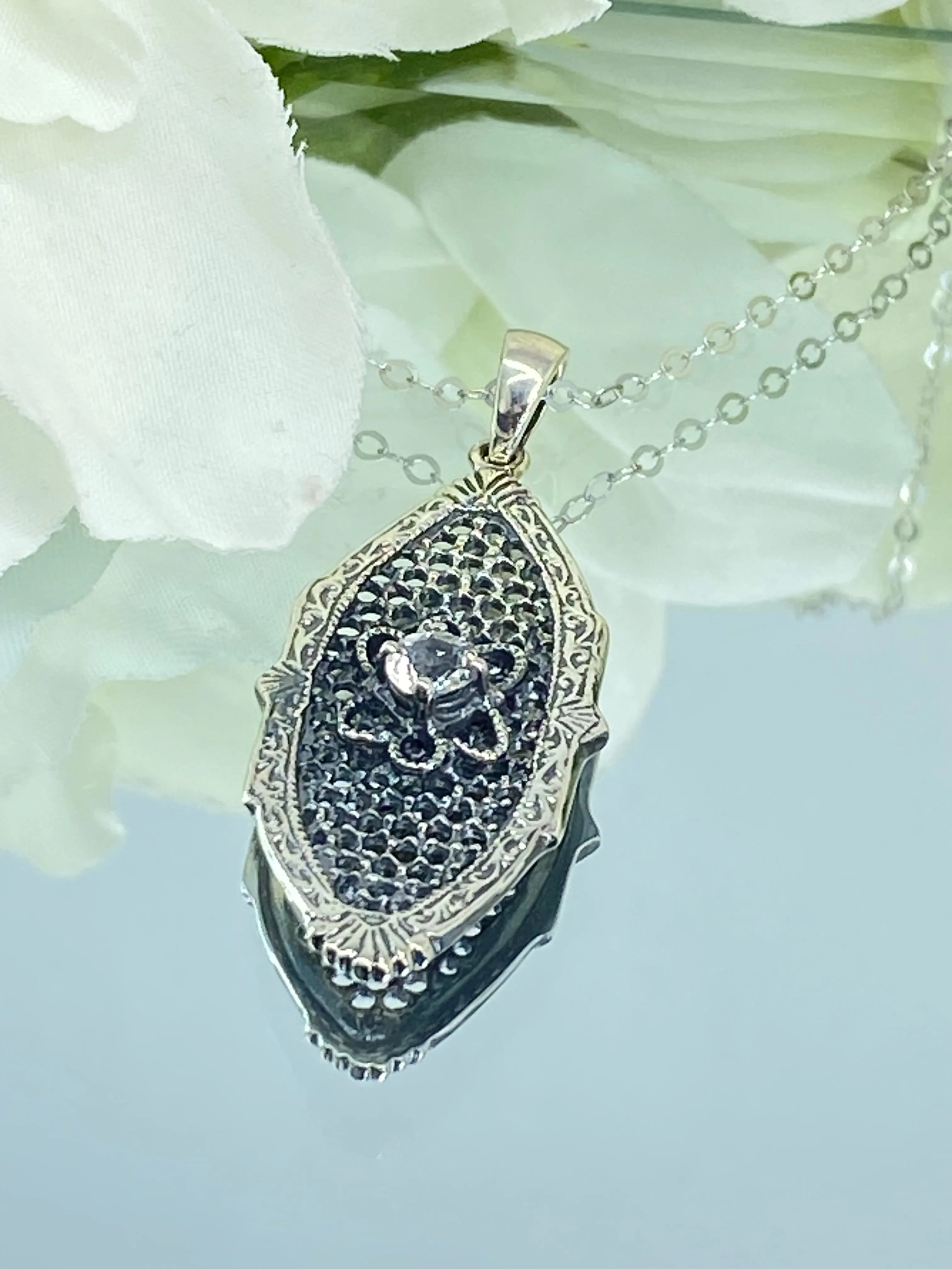 Faux Diamond Flower Star Pendant, Natural White Topaz, Vintage Necklace, Design#P20 - Ready to Ship