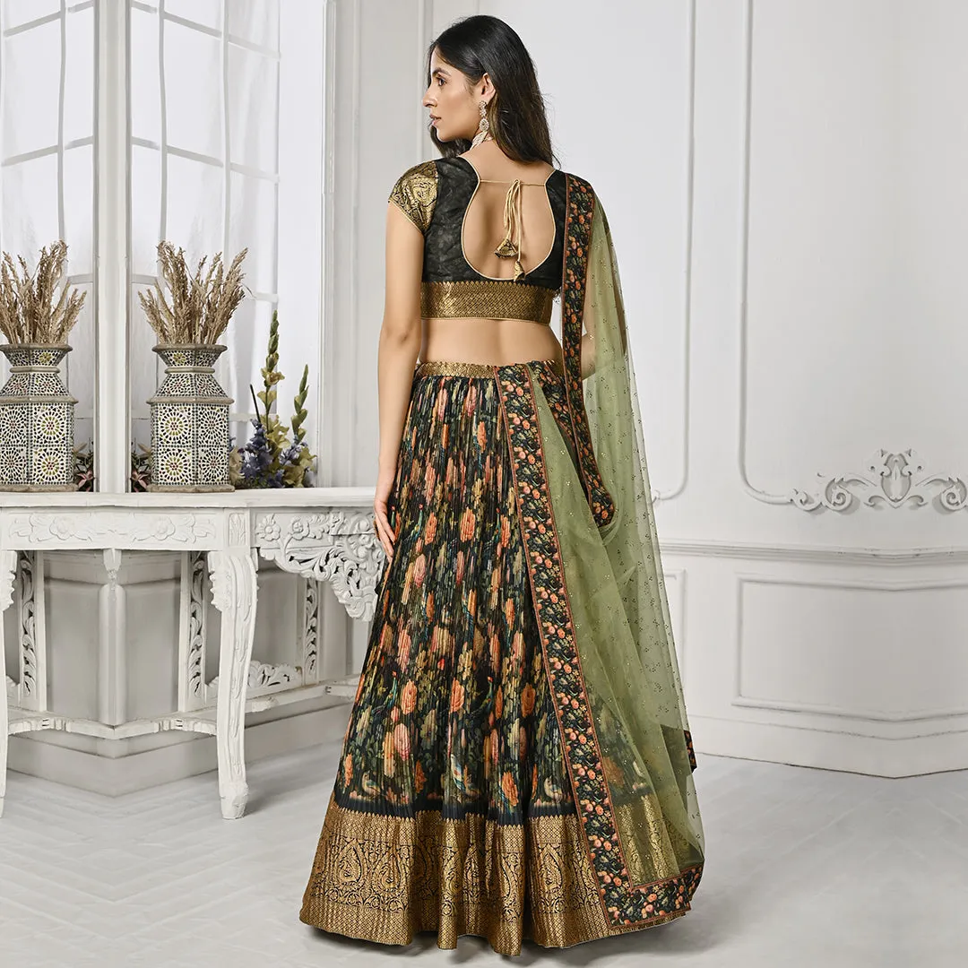 Floral Black and Green Pleated Lehenga Set