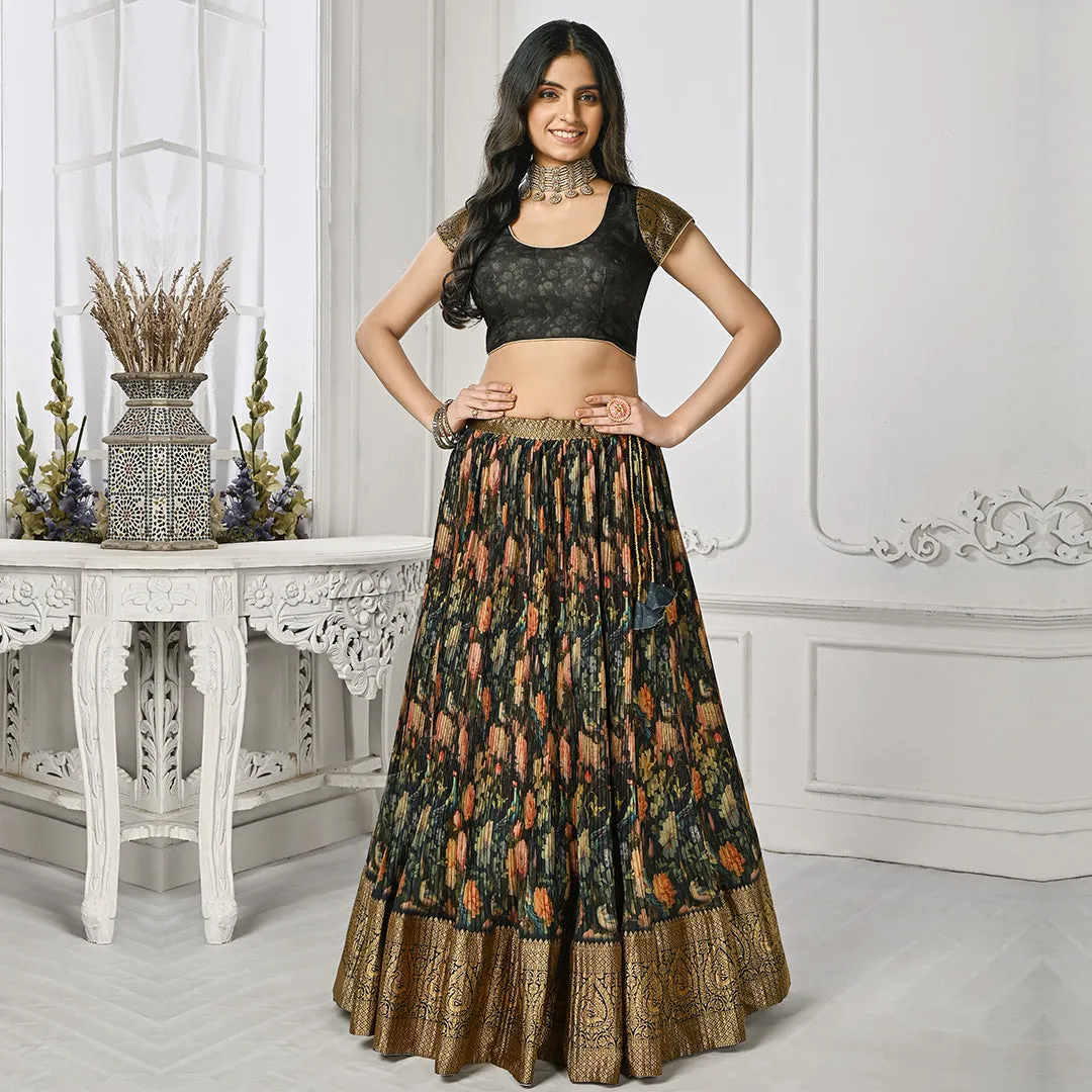 Floral Black and Green Pleated Lehenga Set