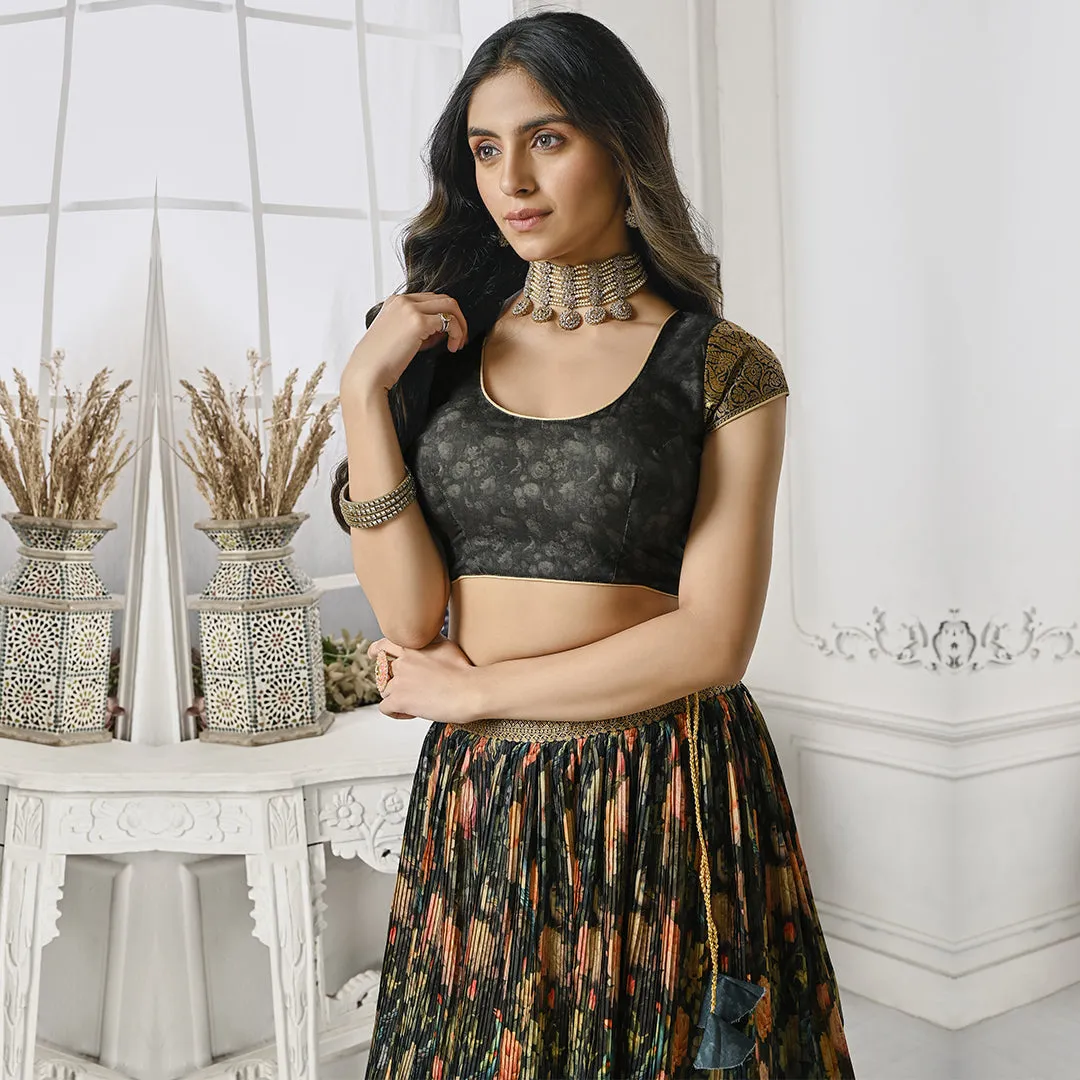 Floral Black and Green Pleated Lehenga Set