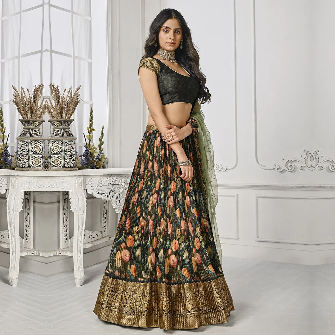 Floral Black and Green Pleated Lehenga Set