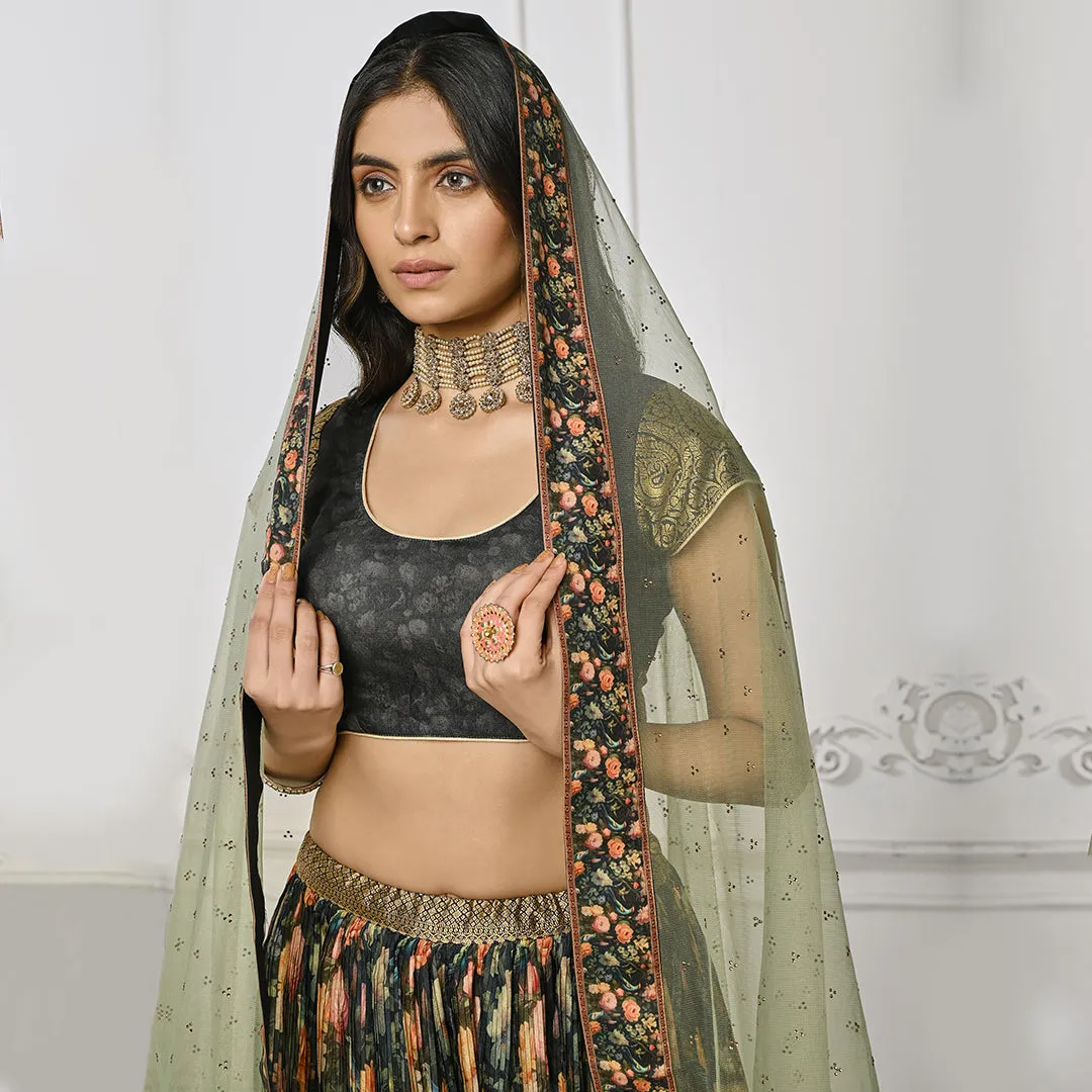 Floral Black and Green Pleated Lehenga Set