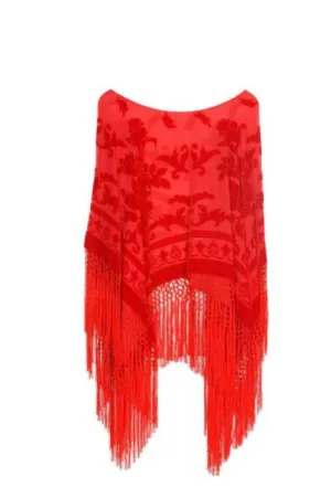 Floral Burnout Velvet Poncho - Red - One Size