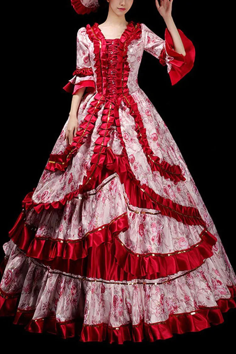 Floral Print Half Sleeves Stitching Ruffled Multi-Layer Victorian Lolita Prom Dress