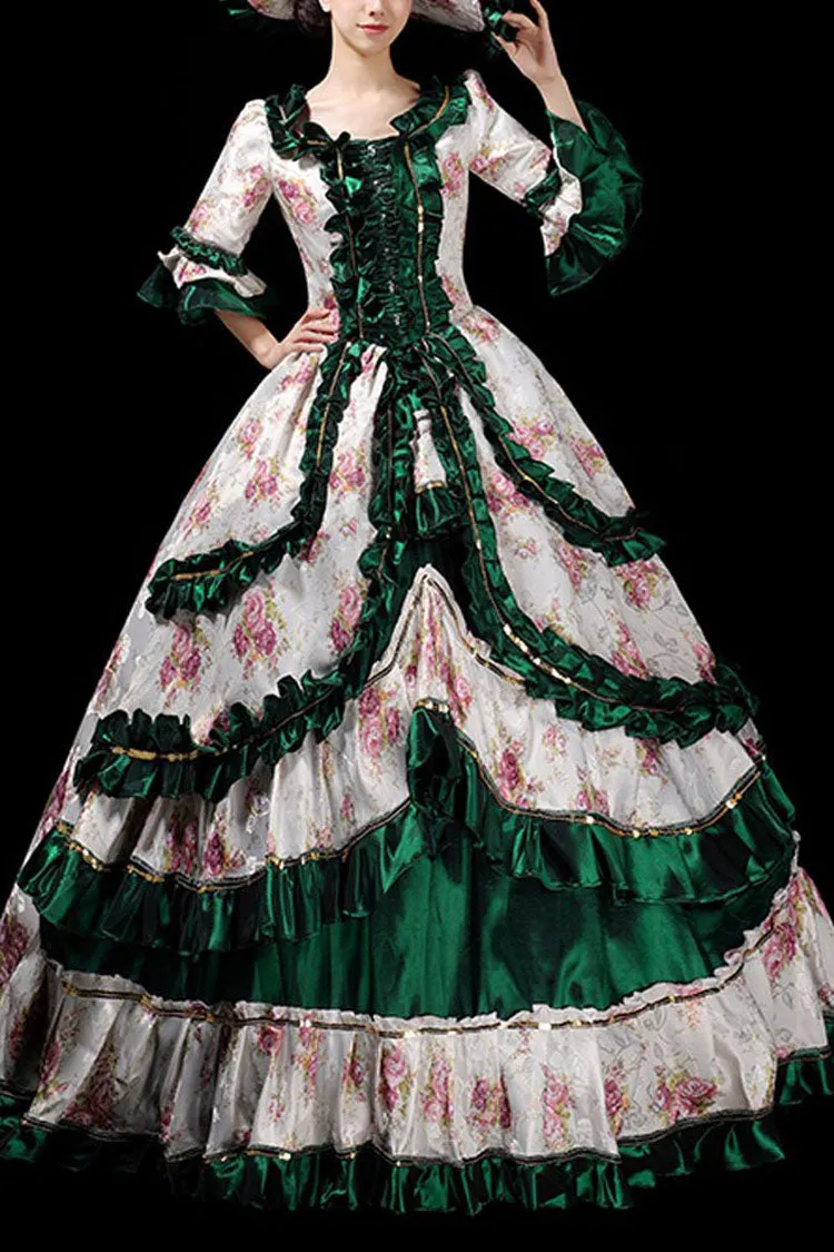 Floral Print Half Sleeves Stitching Ruffled Multi-Layer Victorian Lolita Prom Dress