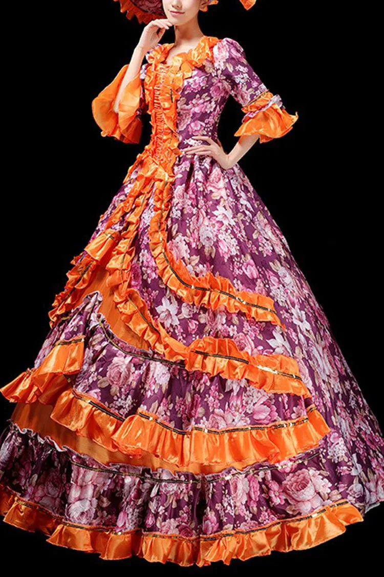 Floral Print Half Sleeves Stitching Ruffled Multi-Layer Victorian Lolita Prom Dress