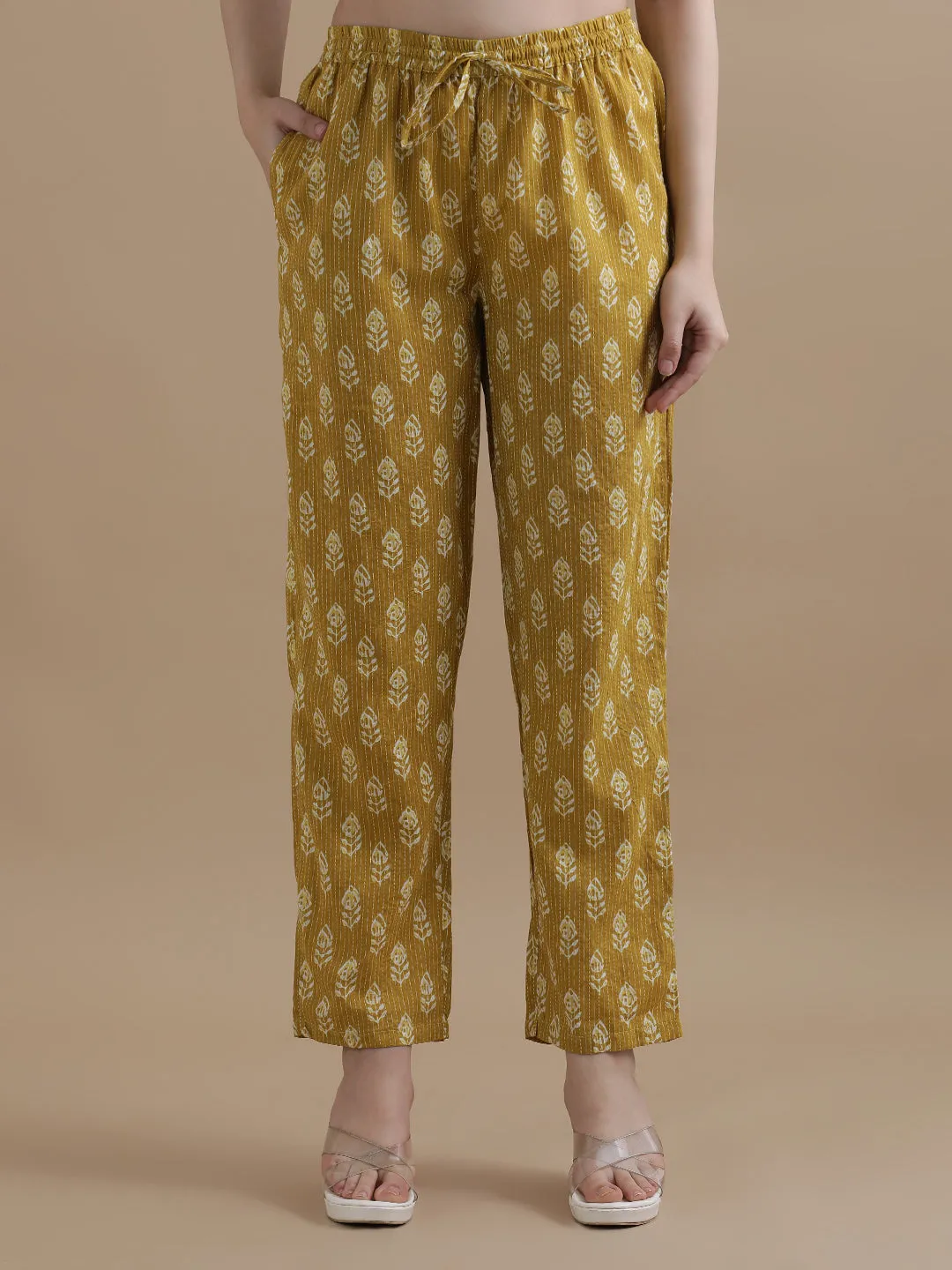 Floral Printed Kantha Work Pure Cotton Mustard Kurta With Pant & Chiffon Dupatta