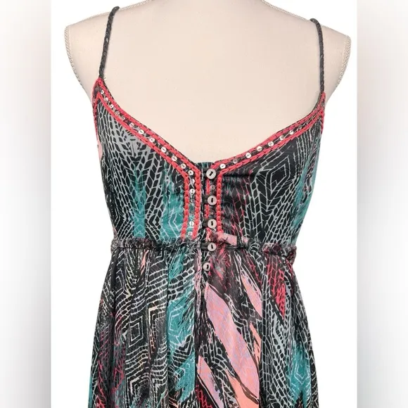 Free People Sea Gypsy Feather Print Dress - Black Combo - Size M