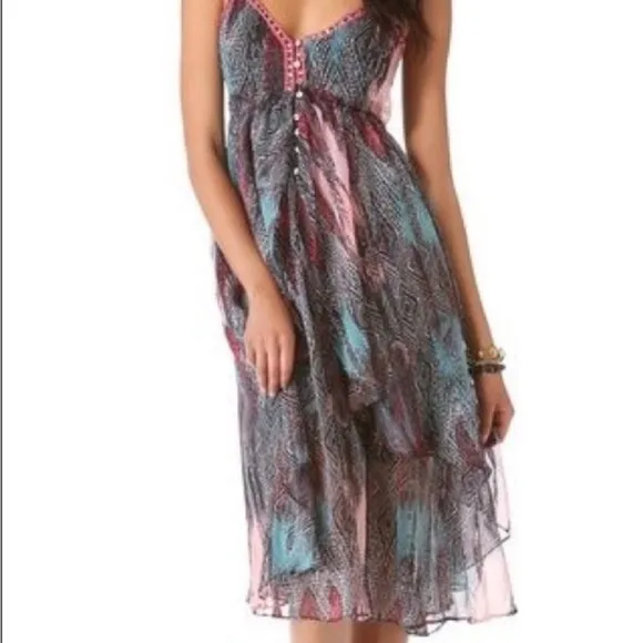 Free People Sea Gypsy Feather Print Dress - Black Combo - Size M