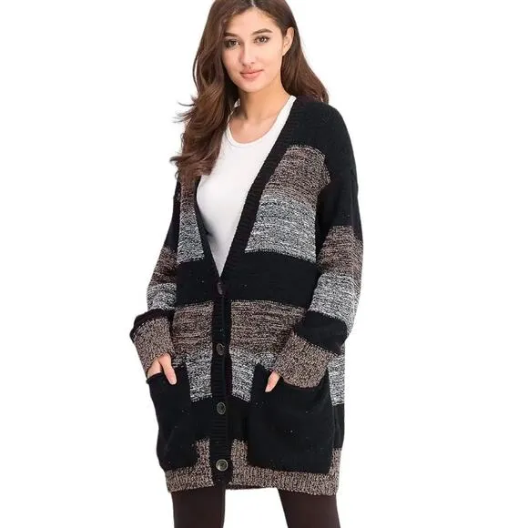 Free People Southport Oversized Cardigan Duster Button Front Pockets Striped Sm