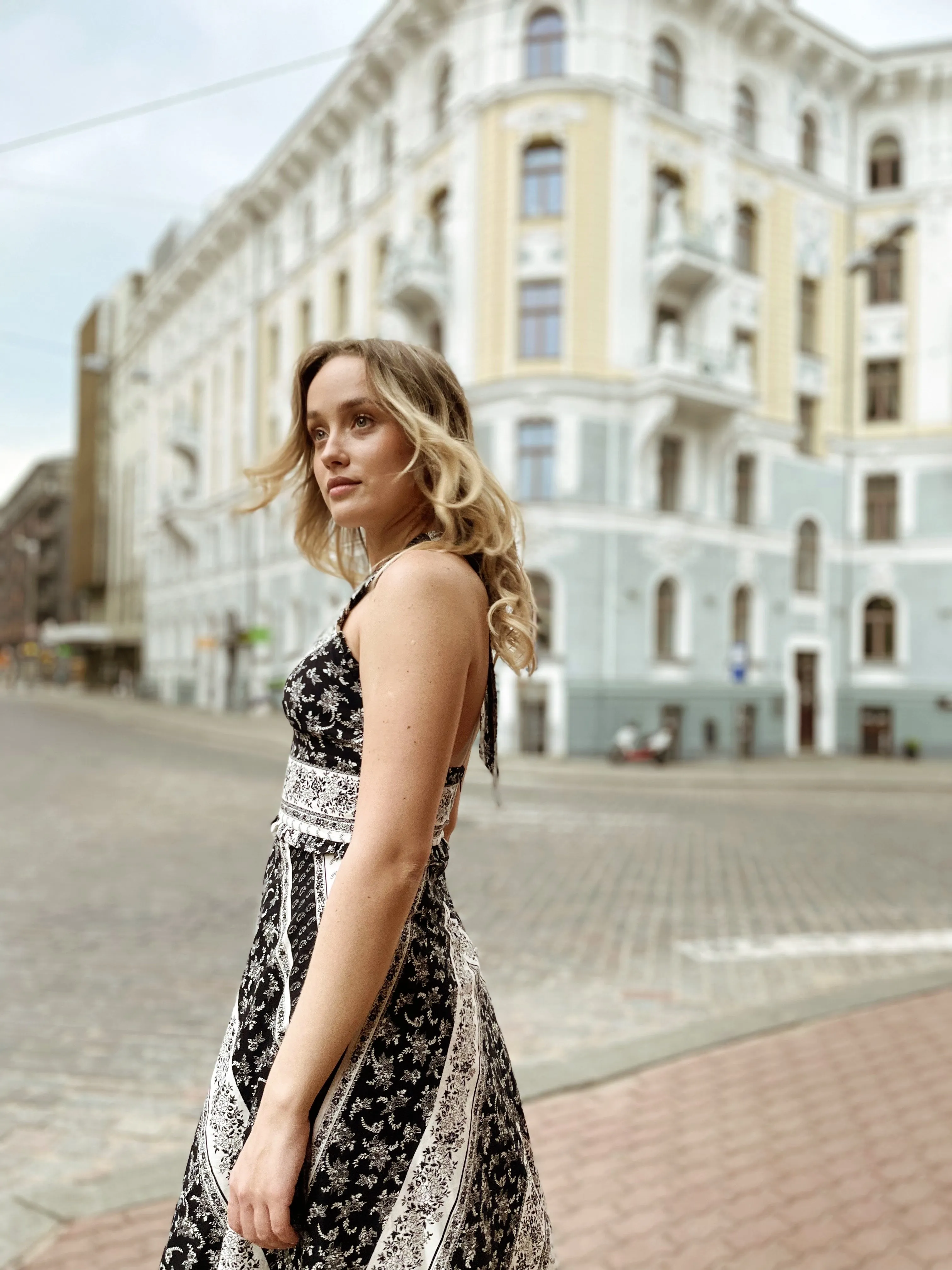 Freya Halter Dress / Black & Milky White Floral Stripe Cotton