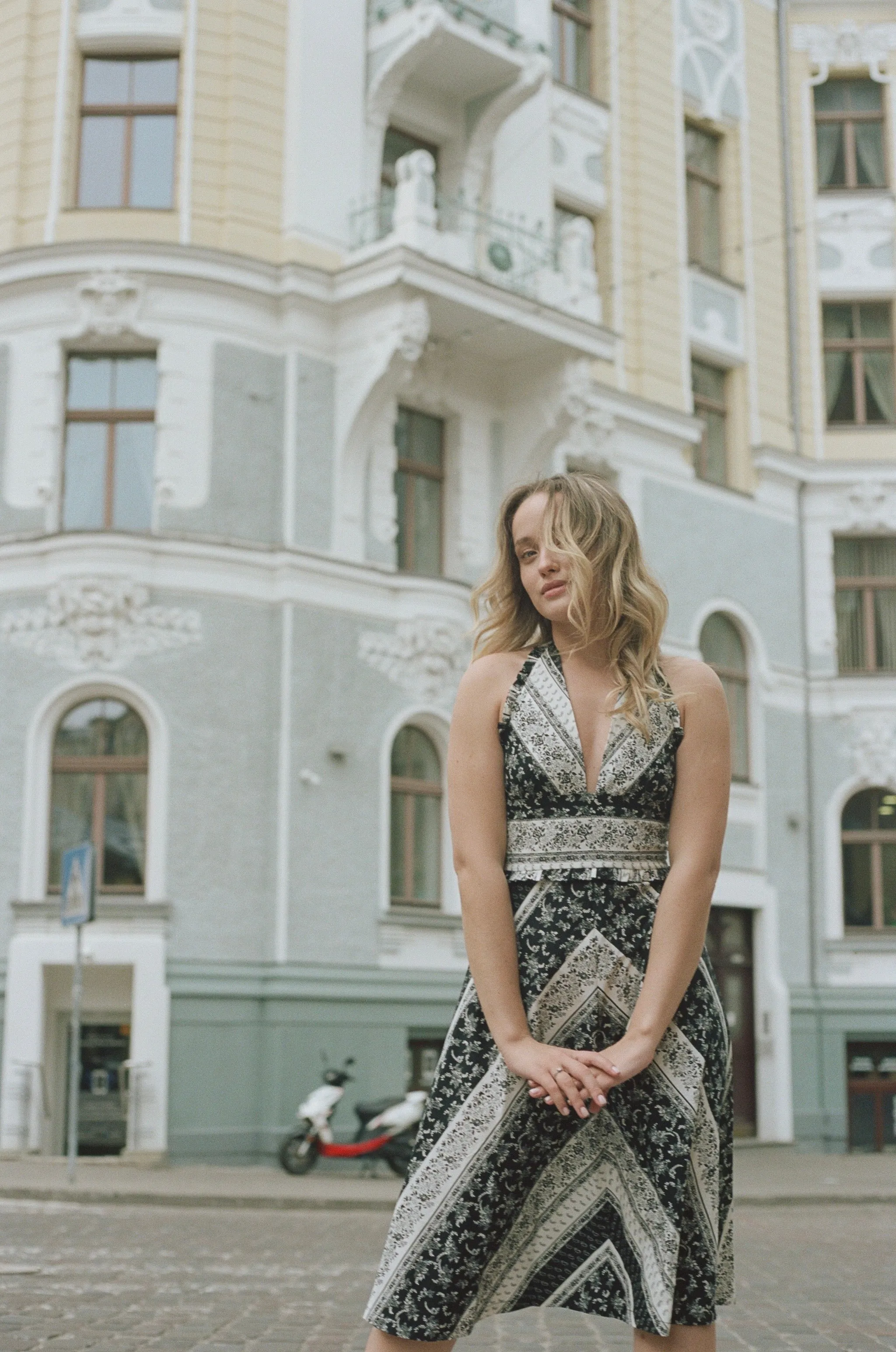 Freya Halter Dress / Black & Milky White Floral Stripe Cotton